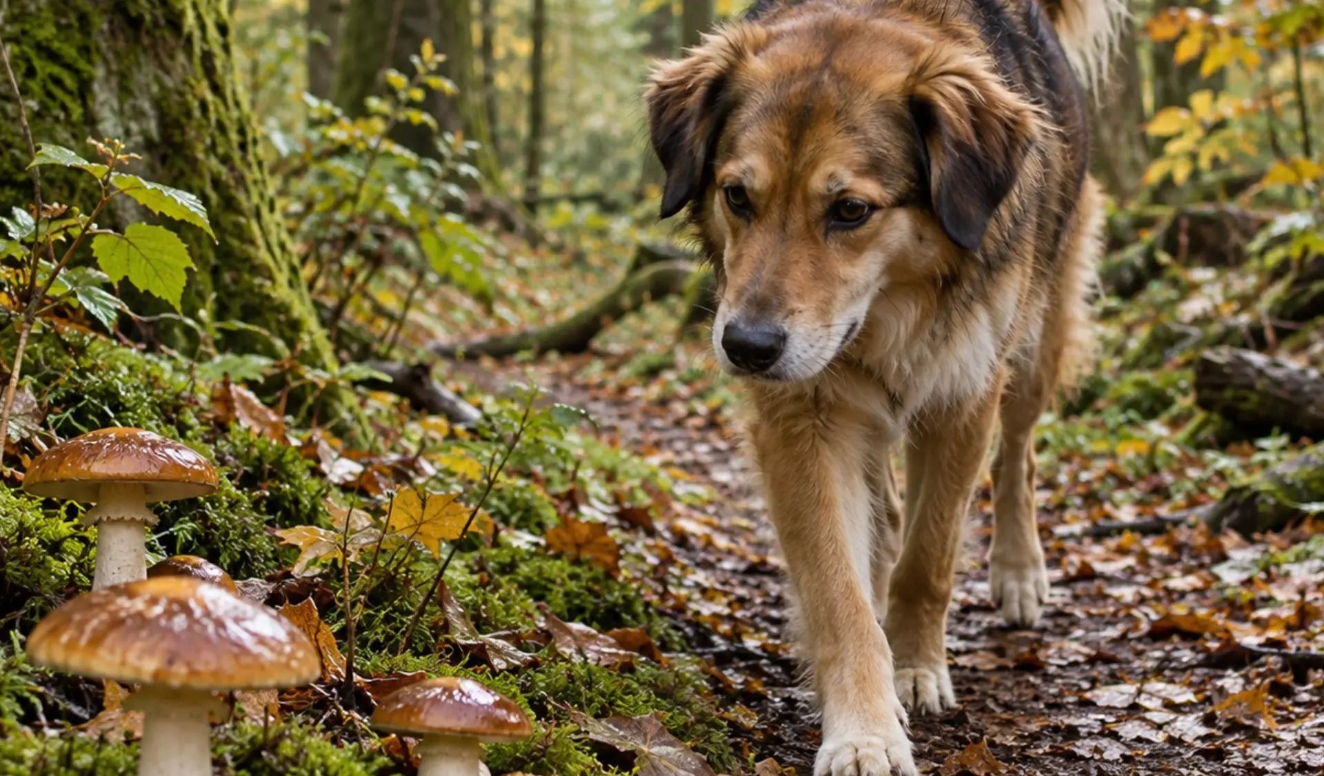 Hund läuft durch einen herbstlichen Wald, in dem Pilze am Wegesrand wachsen