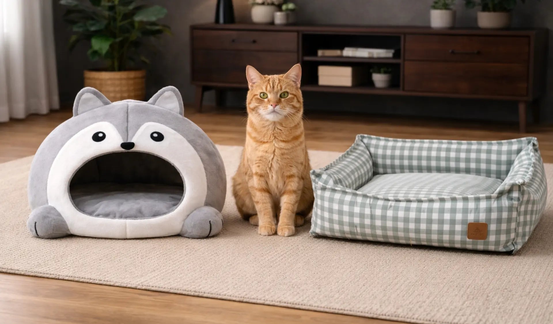 Katze sitzt zwischen einer Katzenhöhle und einem offenen Katzenbett in einem ruhigen Wohnbereich