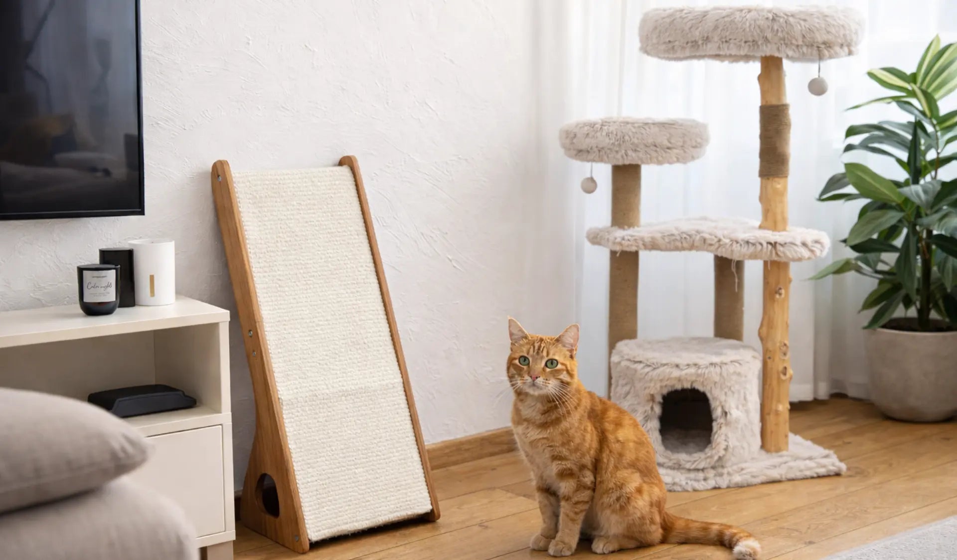 Katze steht zwischen einem Kratzbrett aus Holz und einem Kratzbaum im Wohnzimmer