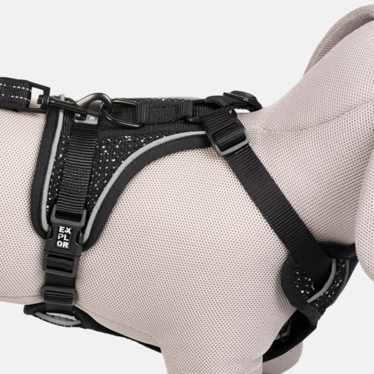 Das Bild zeigt das Duvoplus EXPLOR Ultimate Fit No-Pull-Geschirr in der Farbe Schwarz aus der Seitenansicht. Das Material ist strapazierfähig, leicht, atmungsaktiv und schnell trocknend.