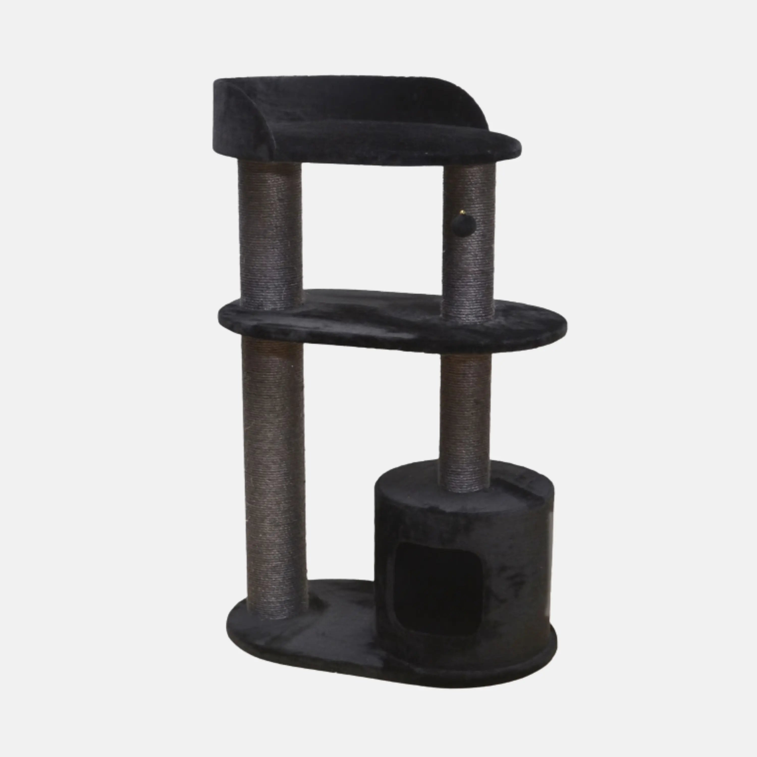 Das Bild zeigt den EBI Kratzbaum Bedford 127 in der Farbe Schwarz aus der Schrägansicht. Der Kratzbaum hat die Maße 78 x 48 x 127 cm.