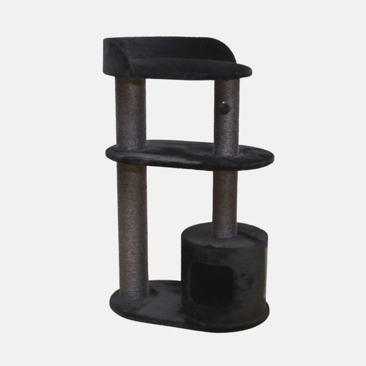 Das Bild zeigt den EBI Kratzbaum Bedford 127 in der Farbe Schwarz aus der Schrägansicht. Der Kratzbaum hat die Maße 78 x 48 x 127 cm.