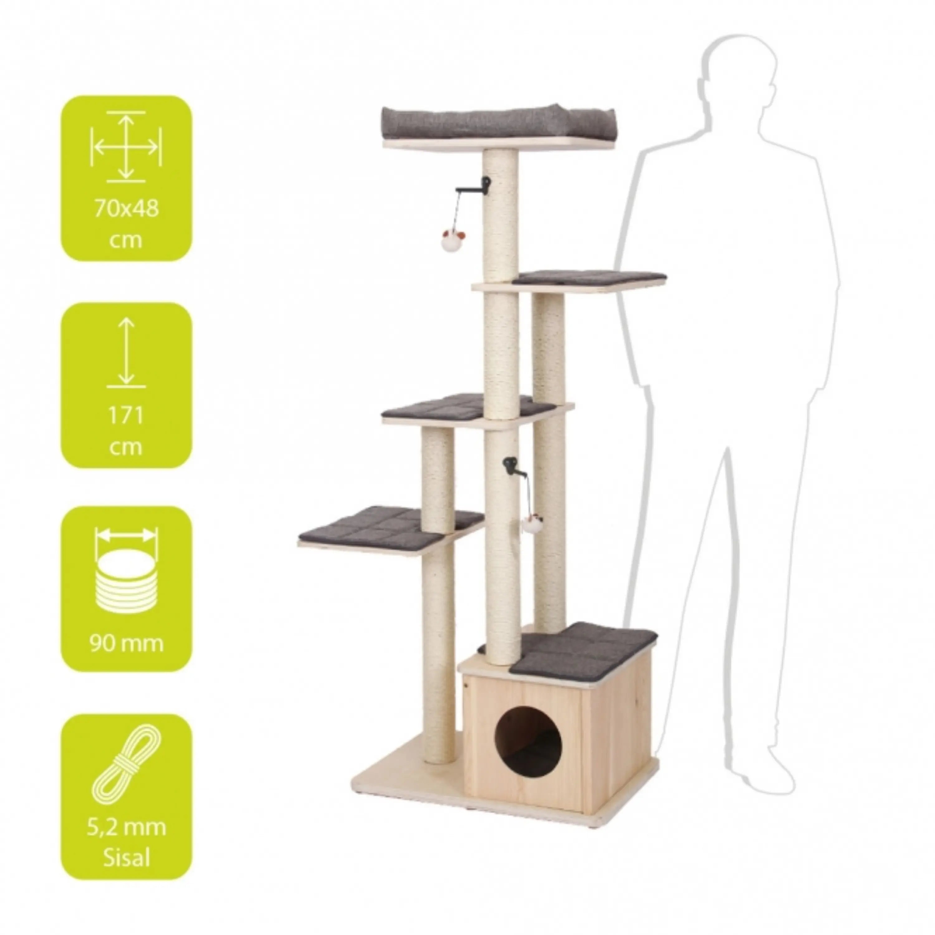 Das Bild zeigt den EBI Kratzbaum Comfort Stockholm aus der Seitenansicht. der Kratzbaum hat die Maße 70 x 48 x 170,9 cm.