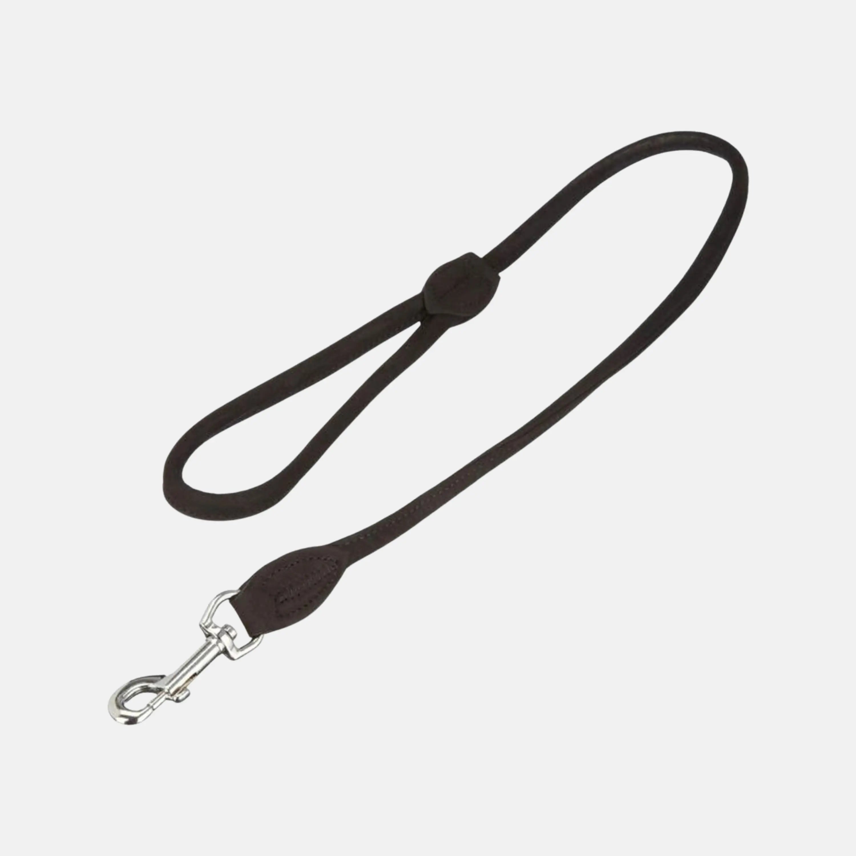 Das Bild zeigt die Karlie Buffalo Rund Leine in der Farbe Schwarz. Hergestellt ist die Leine aus wasserabweisenden und imprägnierten Kalbsleder.