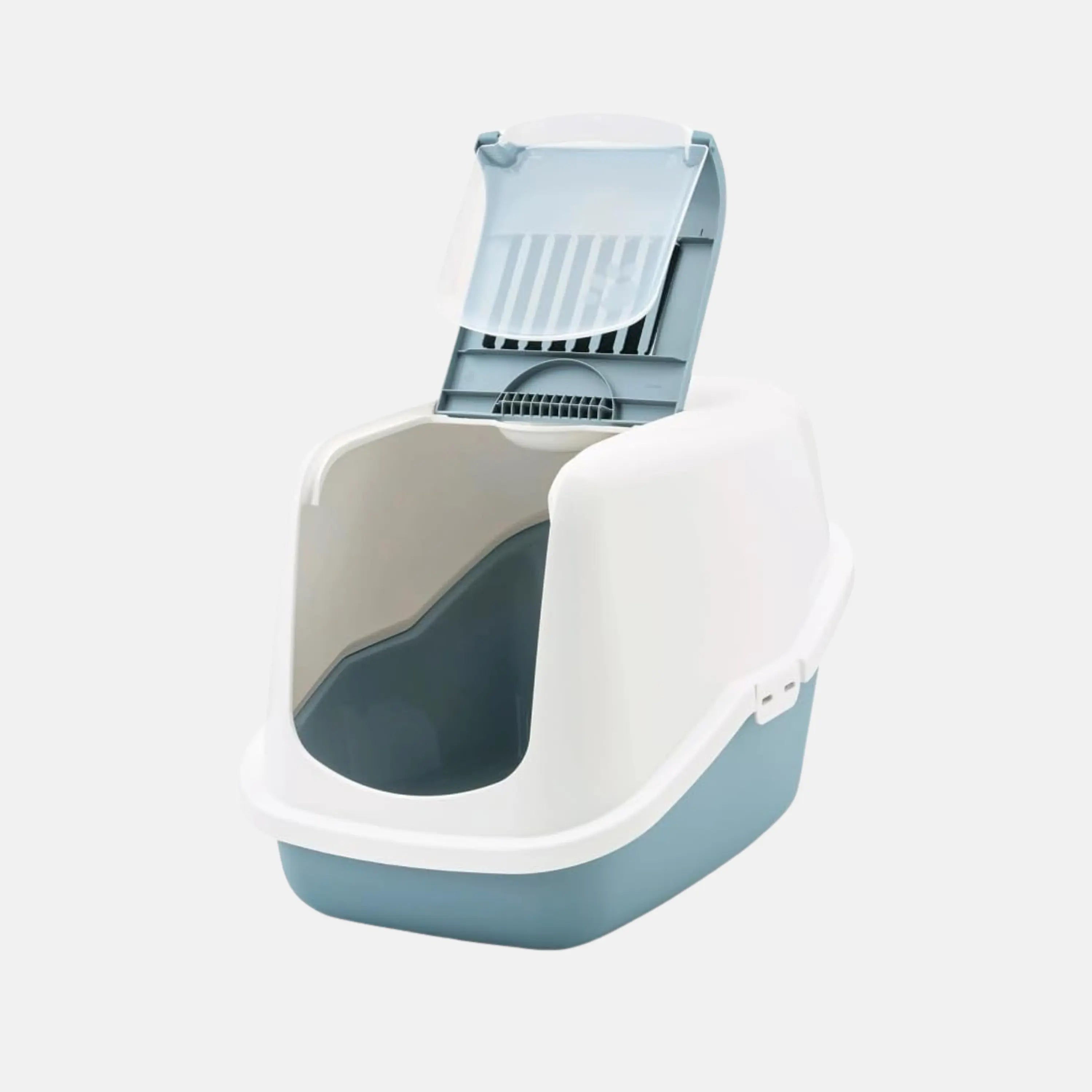 Das Bild zeigt die Savic Katzentoilette Nestor in den Farben Blau und Weiß. Auf dem Bild sieht man den geöffneten Deckel der Katzentoilette. Die Maße sind 39 x 56 x 38,5 cm (B x T x H).