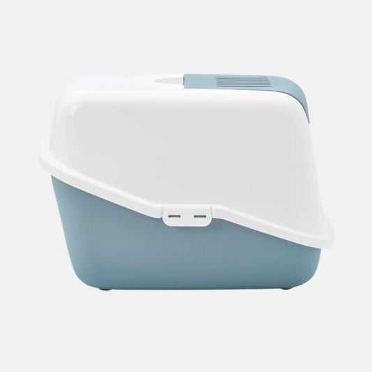 Das Bild zeigt die Savic Katzentoilette Nestor in den Farben Blau und Weiß aus der Seitenansicht. Die Maße sind 39 x 56 x 38,5 cm (B x T x H).