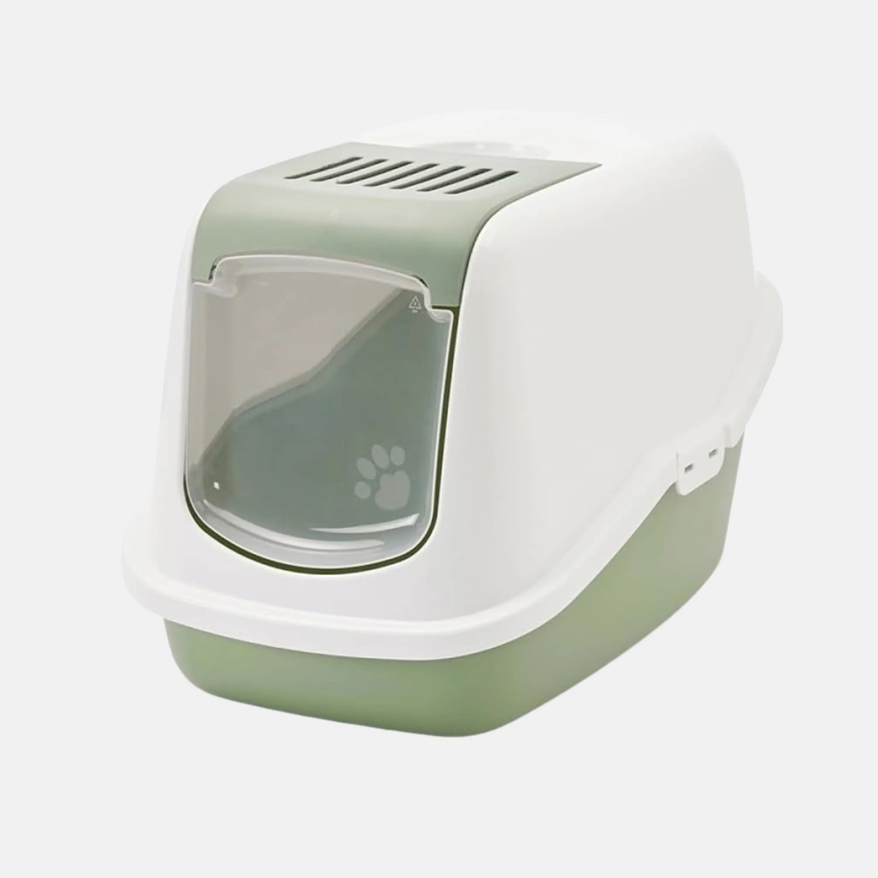 Das Bild zeigt die Savic Katzentoilette Nestor in den Farben Grün und Weiß. Die Maße sind 39 x 56 x 38,5 cm (B x T x H).