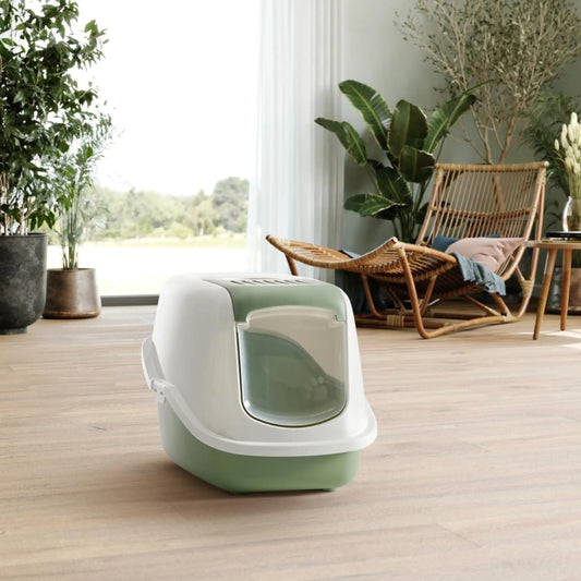 Das Bild zeigt die Savic Katzentoilette Nestor in den Farben Grün und Weiß.