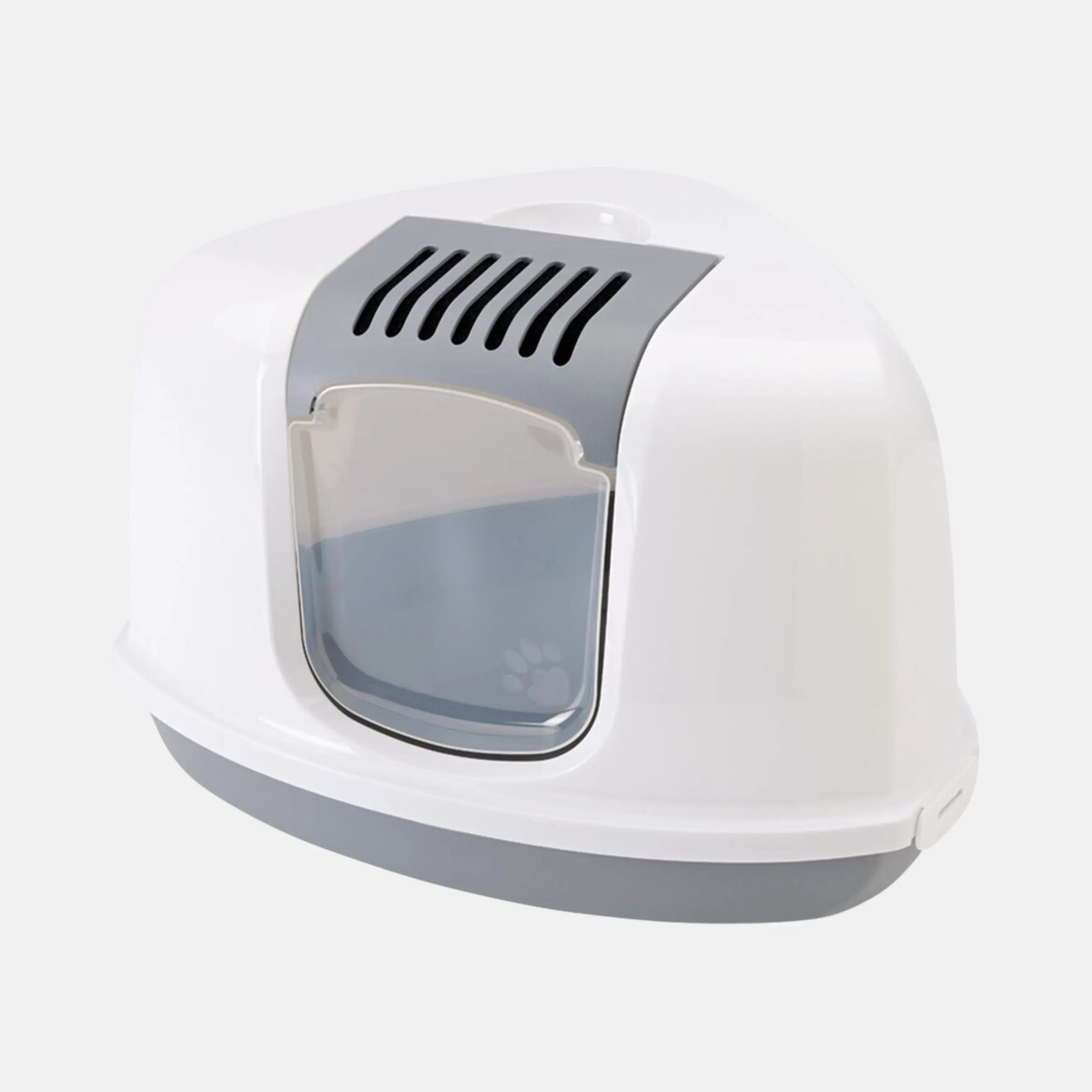 Das Bild zeigt die Savic Katzentoilette Nestor Corner aus der Schrägansicht. Der Deckel der Katzentoilette ist geschlossen.