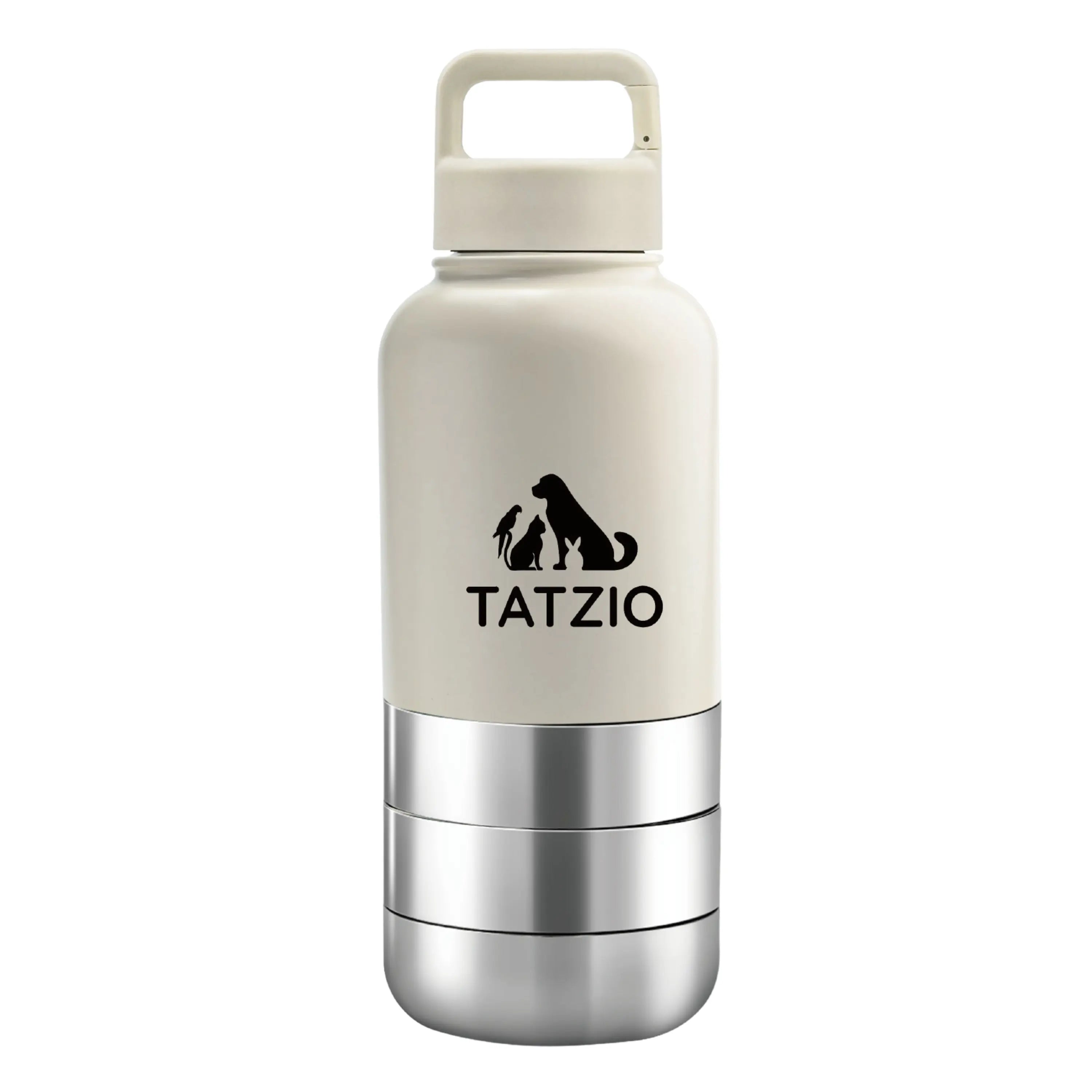 Das Bild zeigt die TATZIO Reiseflasche mit Trink- und Futternapf in Cremeweiß aus der Frontansicht. 