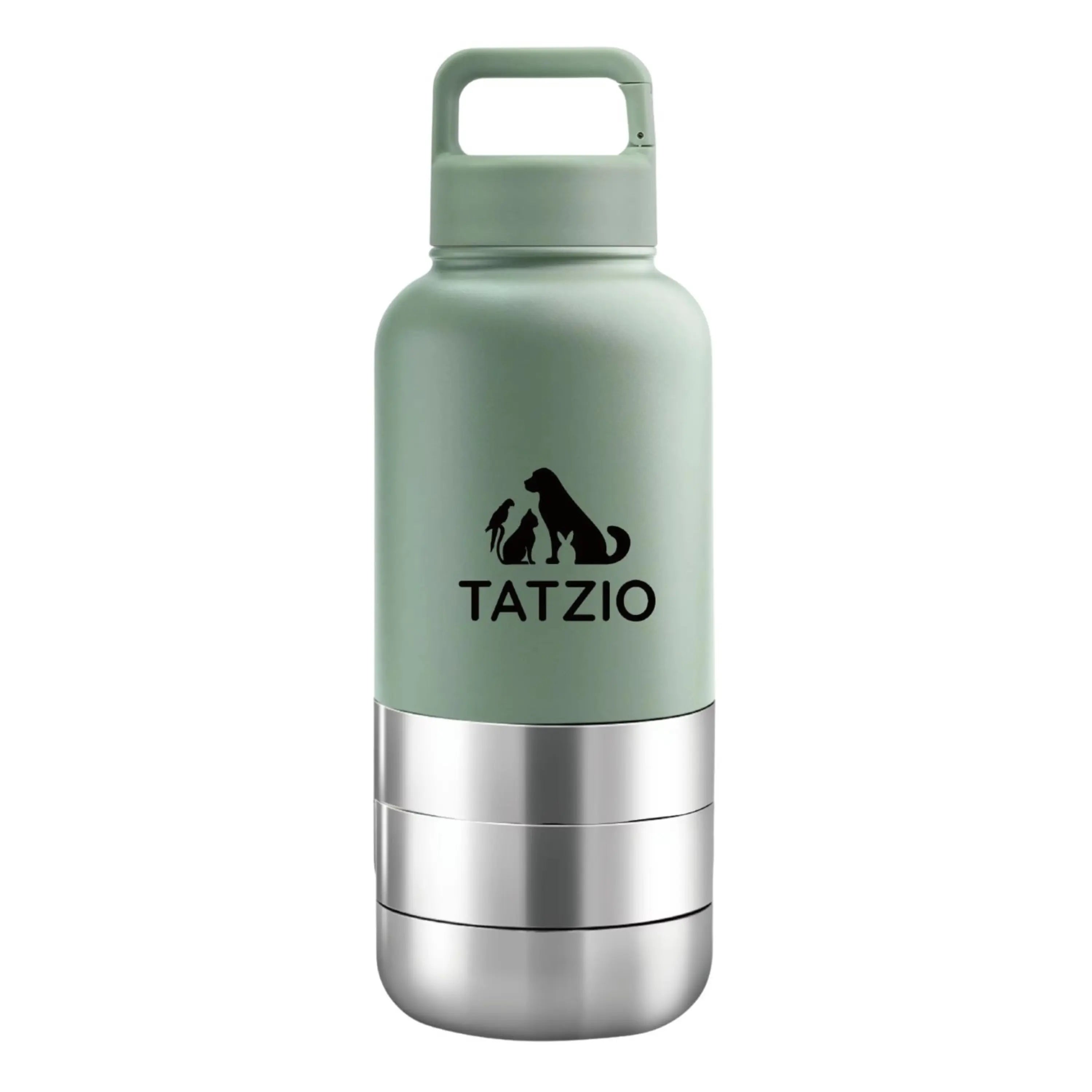 Das Bild zeigt die TATZIO Reiseflasche mit Trink- und Futternapf in Grün aus der Frontansicht. 