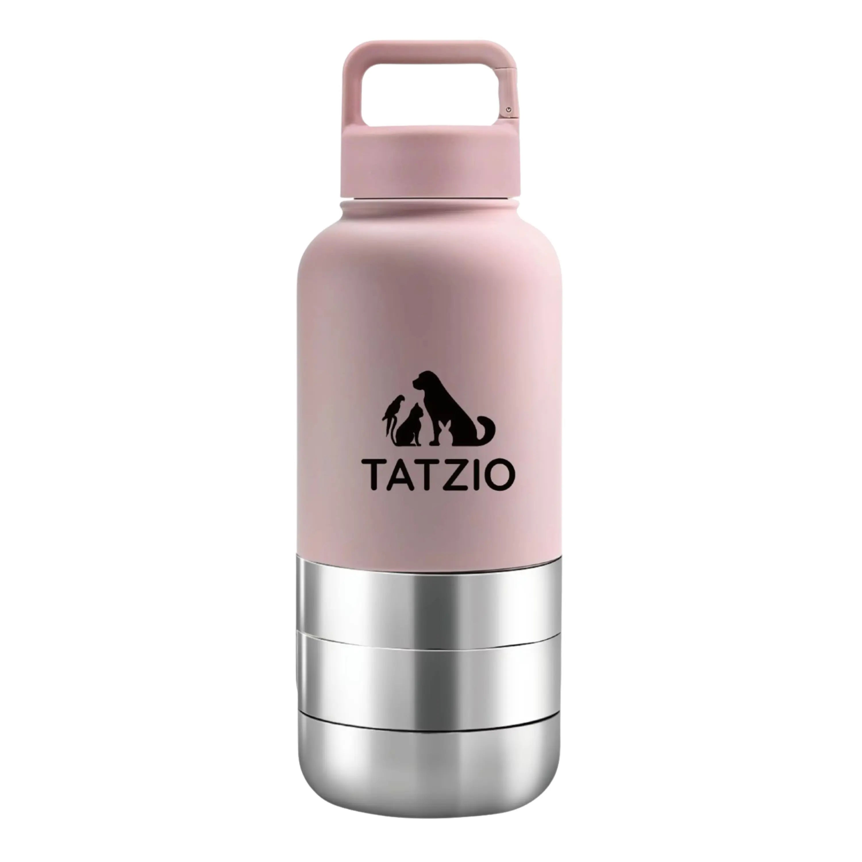 Das Bild zeigt die TATZIO Reiseflasche mit Trink- und Futternapf in Pink aus der Frontansicht. 
