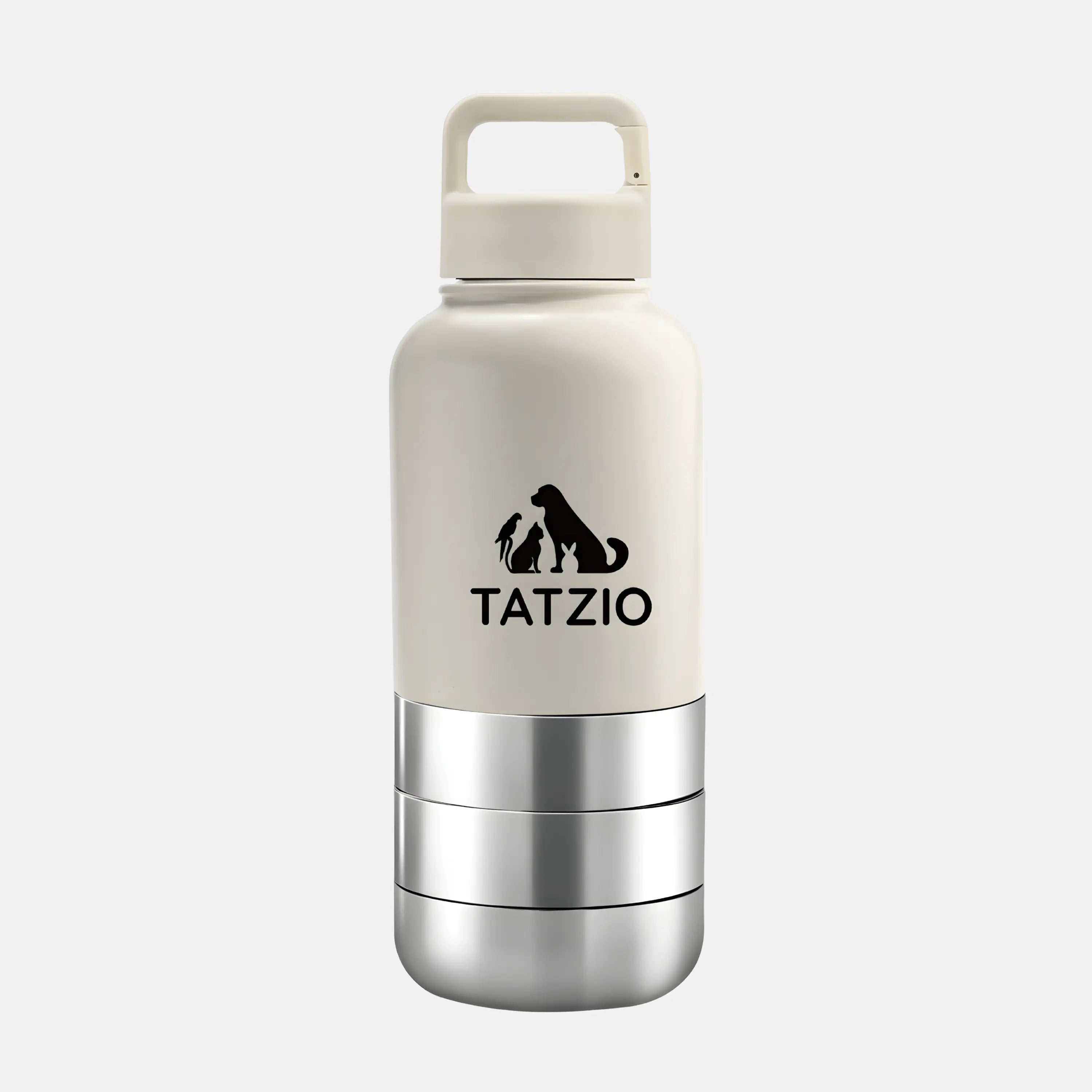 Das Bild zeigt die TATZIO Reiseflasche mit Trink- und Futternapf in Cremeweiß aus der Frontansicht.