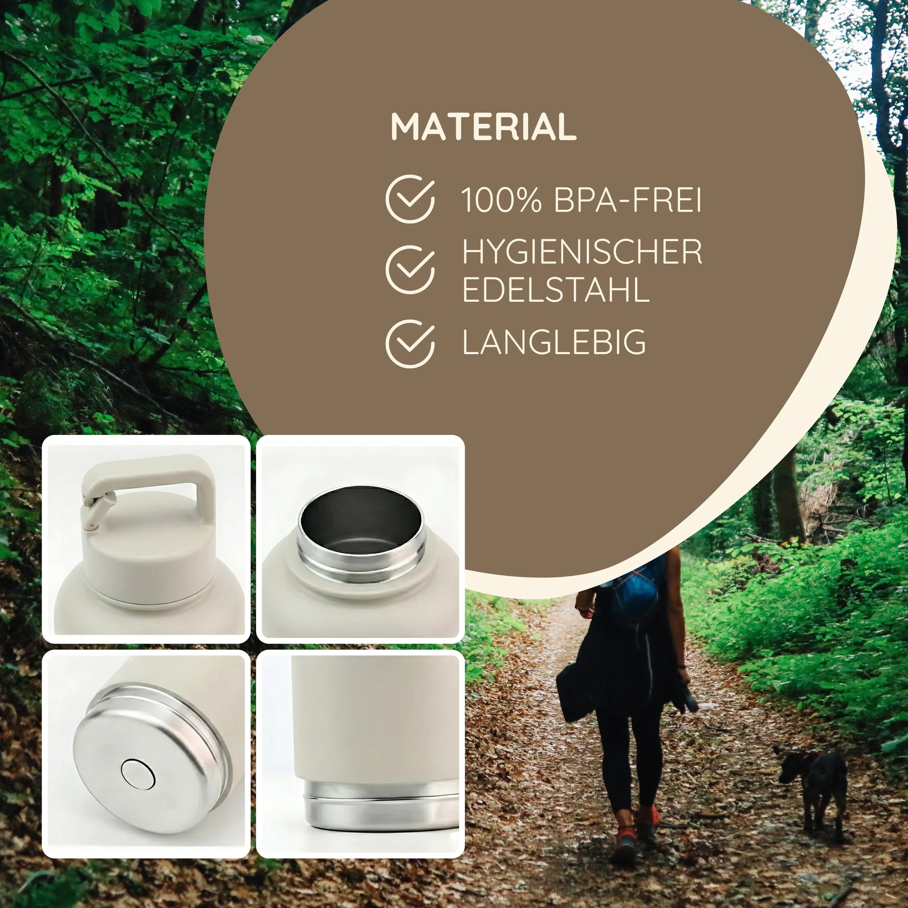 Das Bild zeigt die TATZIO Reiseflasche mit Trink- und Futternapf in Cremeweiß. Abgebildet sind Stichpunkte zum Material.