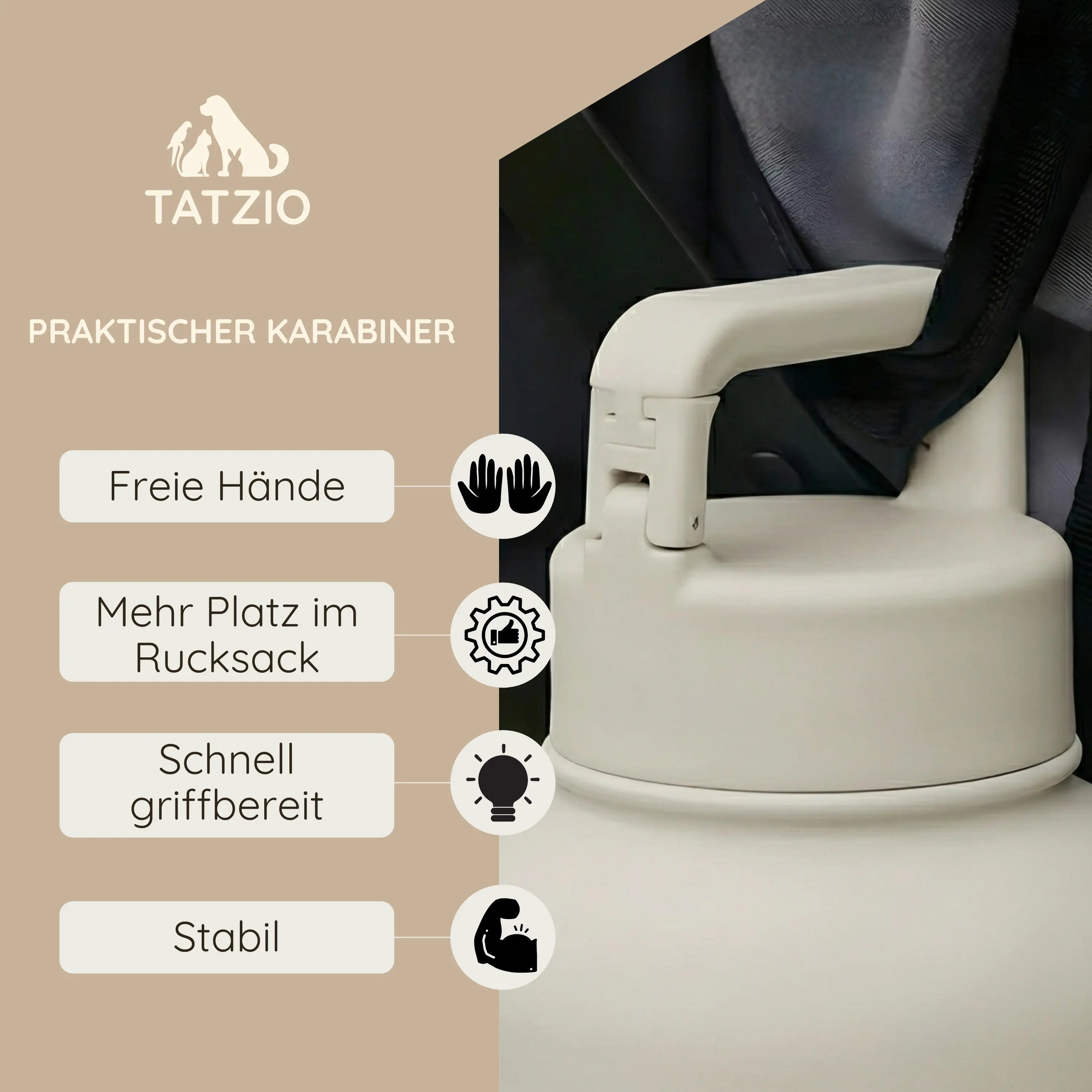 Das Bild zeigt die TATZIO Reiseflasche mit Trink- und Futternapf in Cremeweiß. Abgebildet ist der praktische Karabiner am Deckel der Flasche.