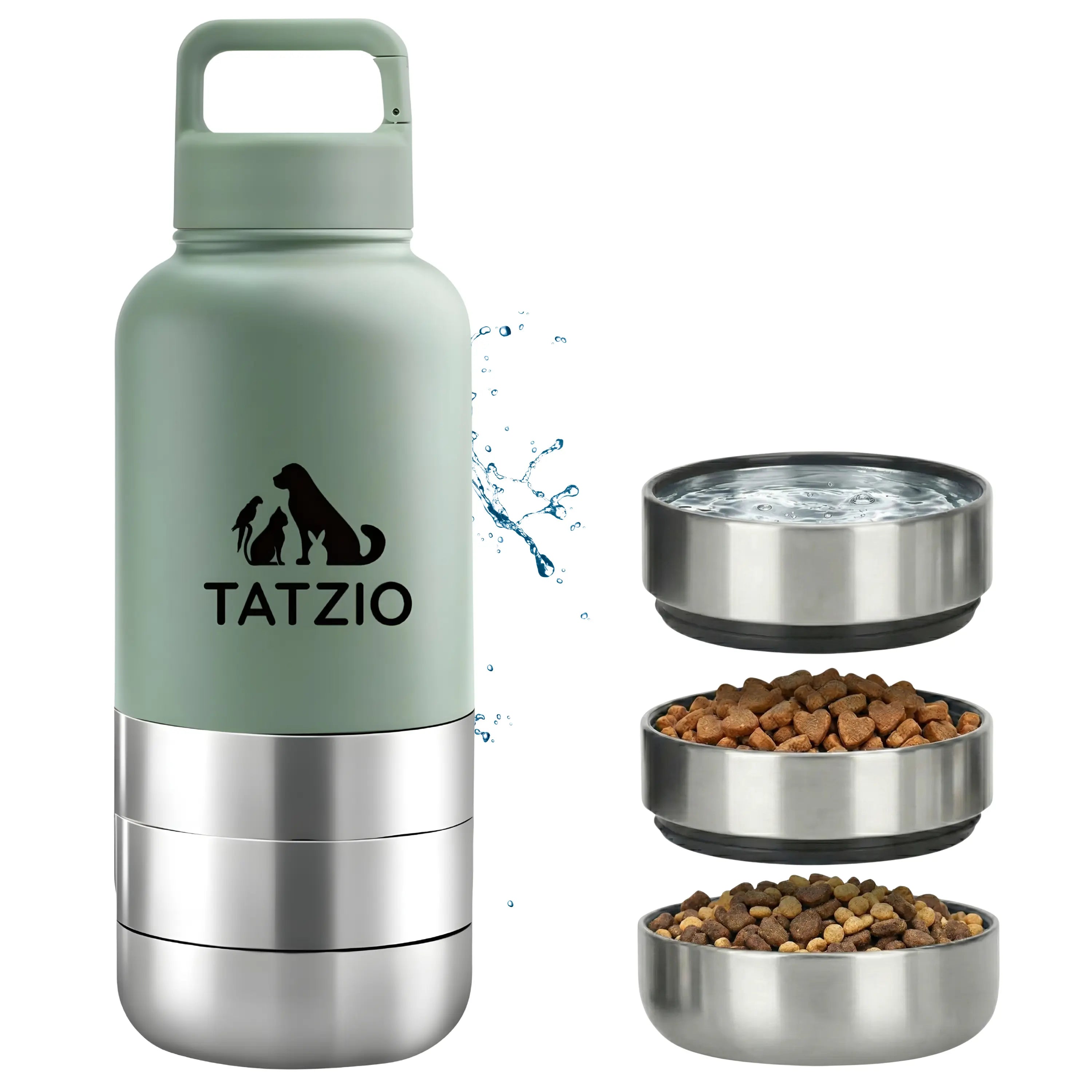 Das Bild zeigt die TATZIO Reiseflasche mit Trink- und Futternapf in Grün aus der Frontansicht. Die drei Näpfe sind mit Futter und Wasser befüllt.
