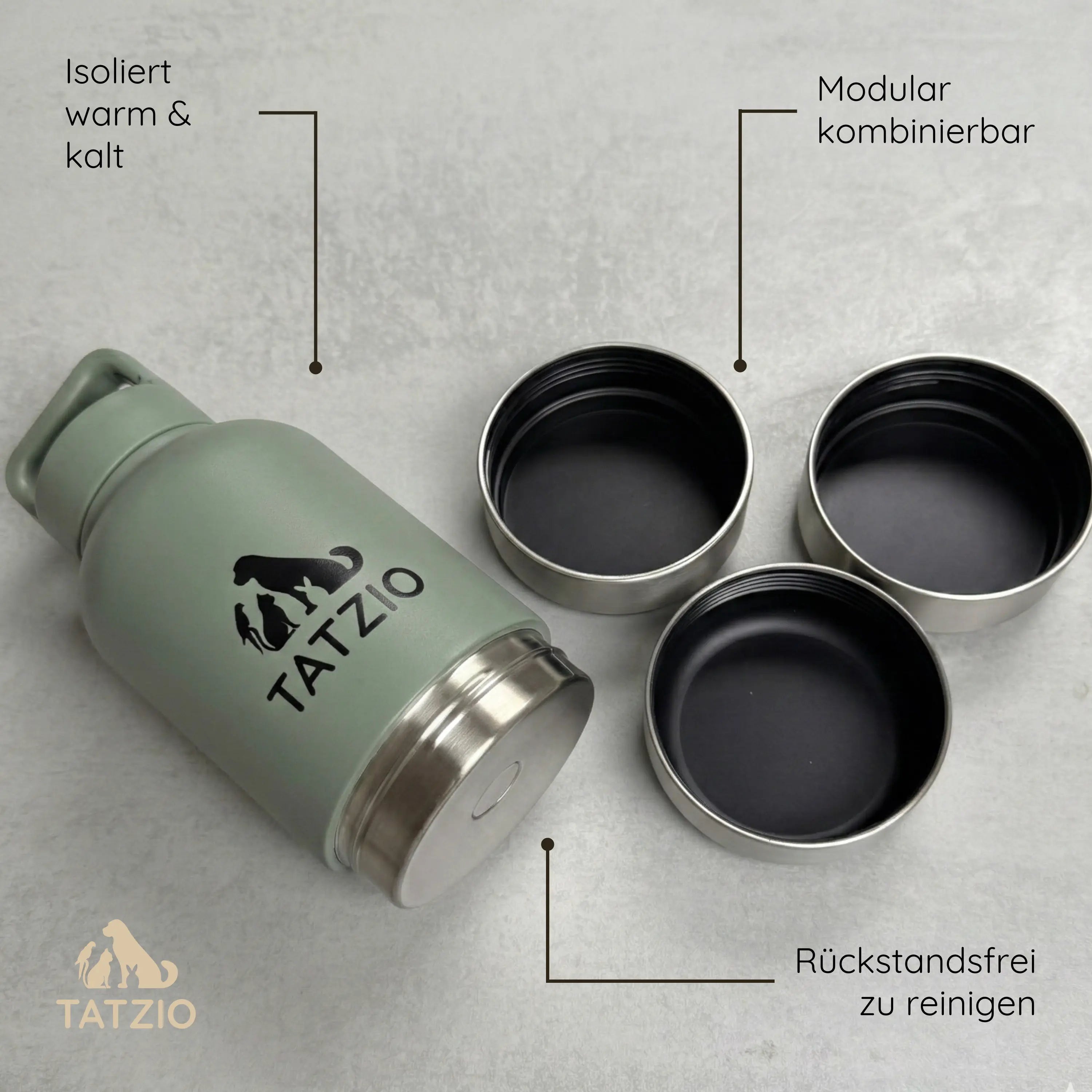 Das Bild zeigt die TATZIO Reiseflasche mit Trink- und Futternapf in Grün. Zudem sind einige der Produktdetails abgebildet.