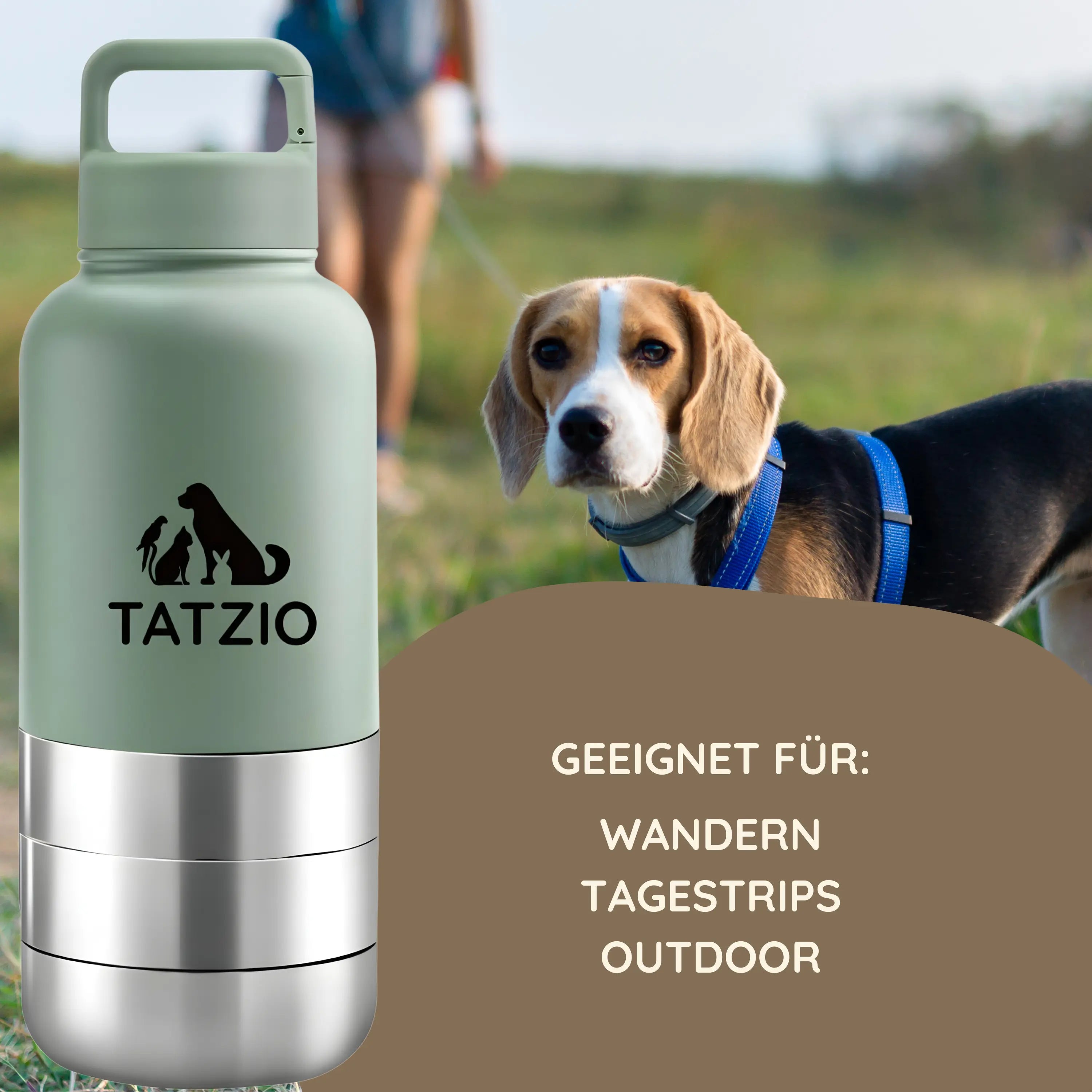 Das Bild zeigt die TATZIO Reiseflasche mit Trink- und Futternapf in Grün.