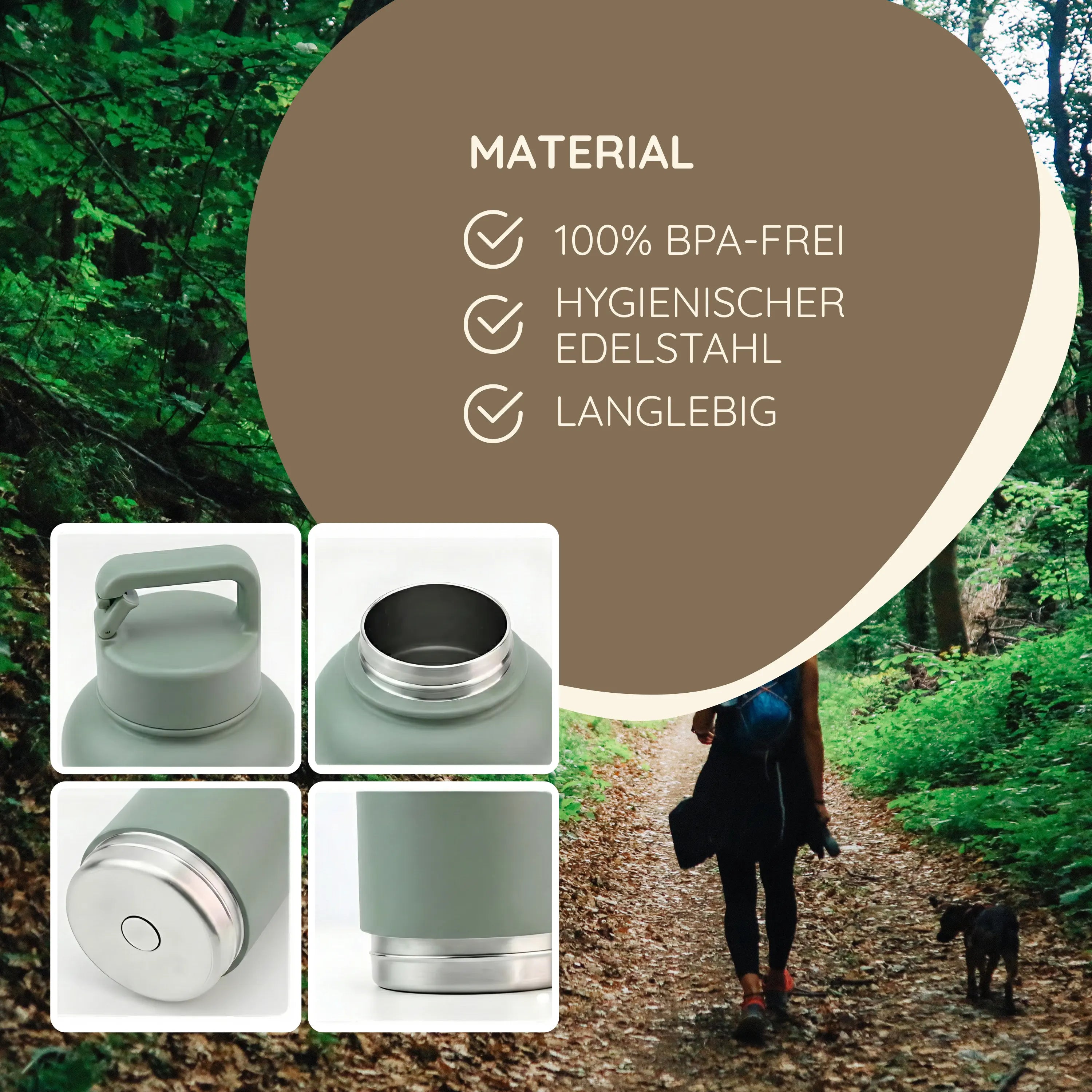 Das Bild zeigt die TATZIO Reiseflasche mit Trink- und Futternapf in Grün. Abgebildet sind Stichpunkte zum Material.