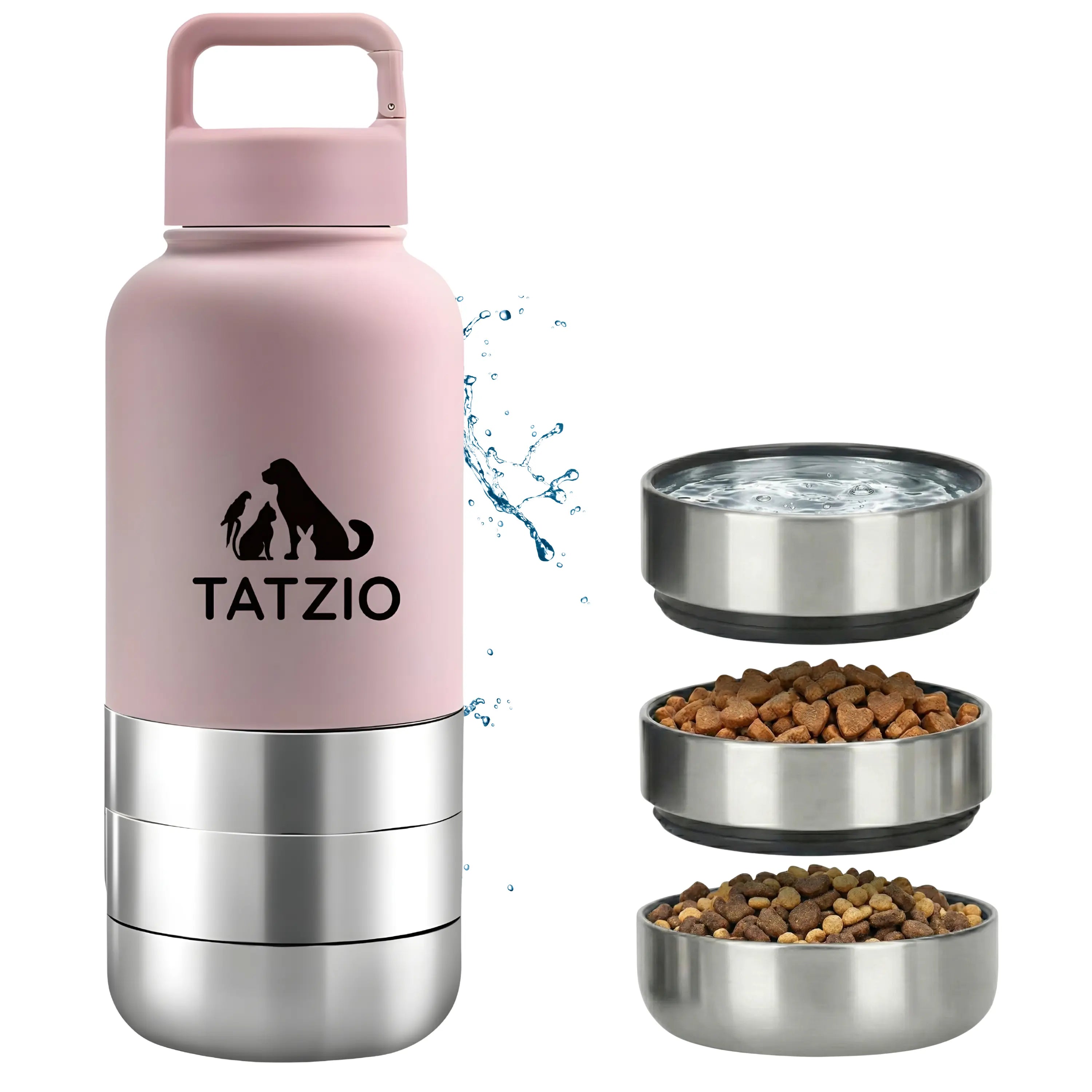 Das Bild zeigt die TATZIO Reiseflasche mit Trink- und Futternapf in Pink aus der Frontansicht. Die drei Näpfe sind mit Futter und Wasser befüllt.