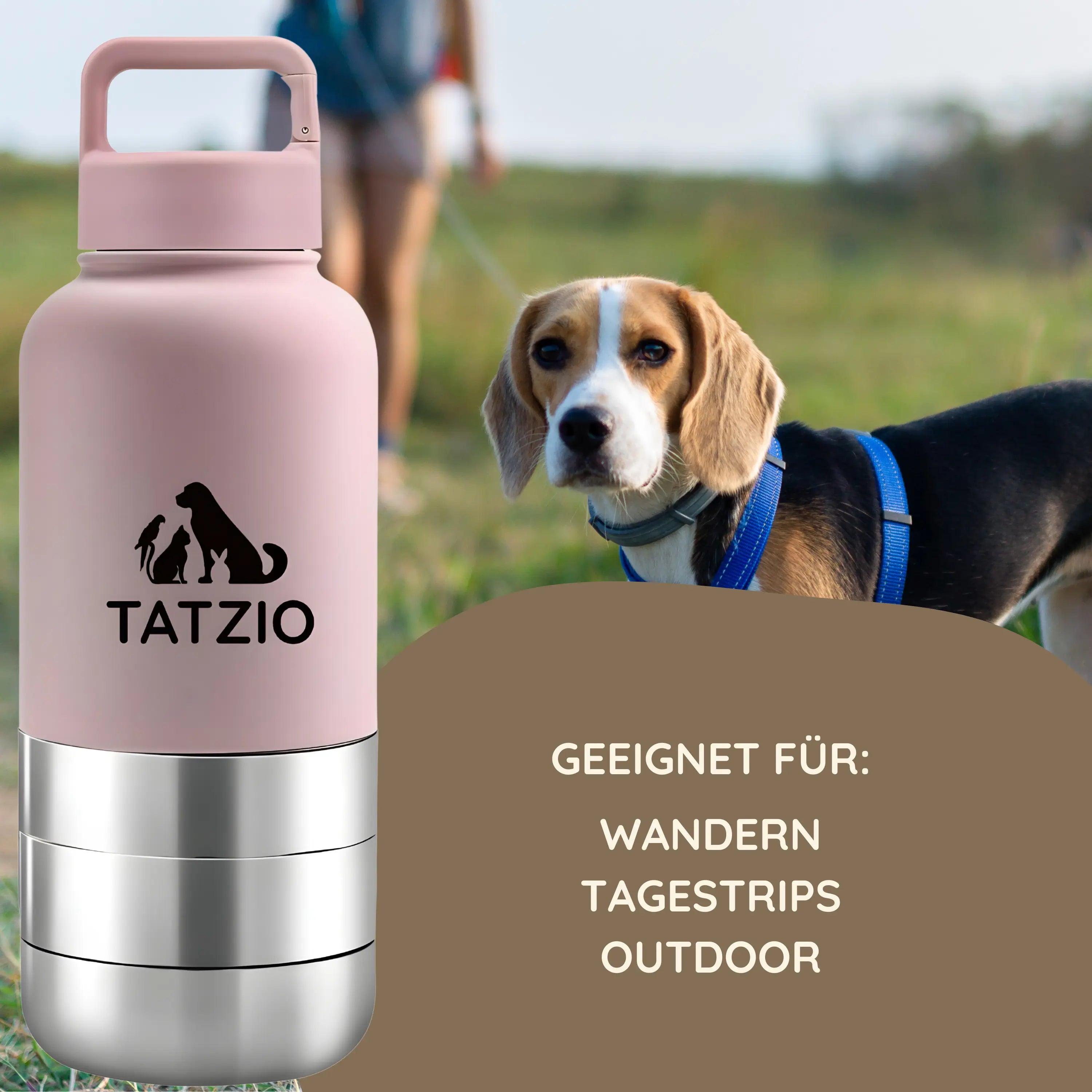 Das Bild zeigt die TATZIO Reiseflasche mit Trink- und Futternapf in Pink. 