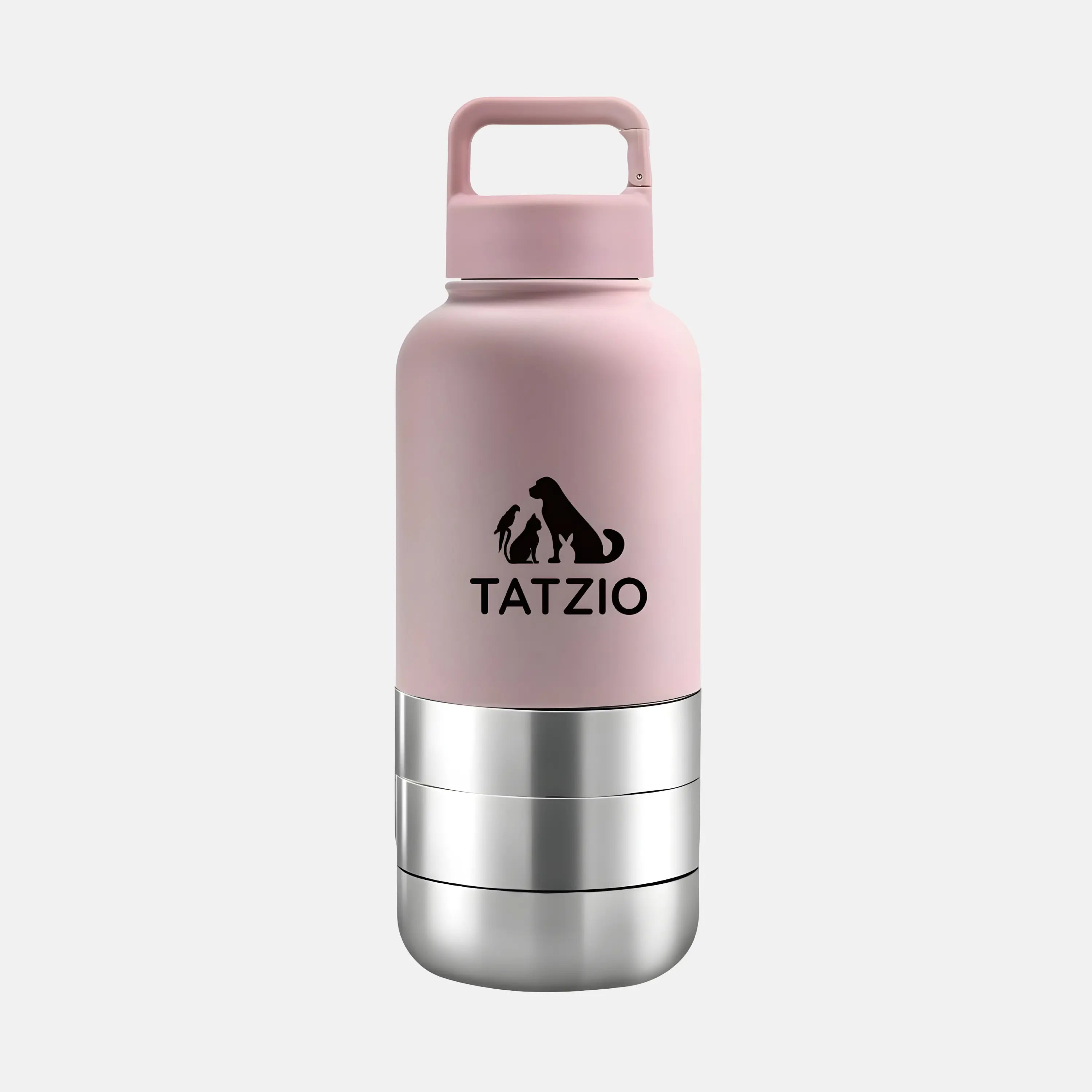 Das Bild zeigt die TATZIO Reiseflasche mit Trink- und Futternapf in Pink aus der Frontansicht.