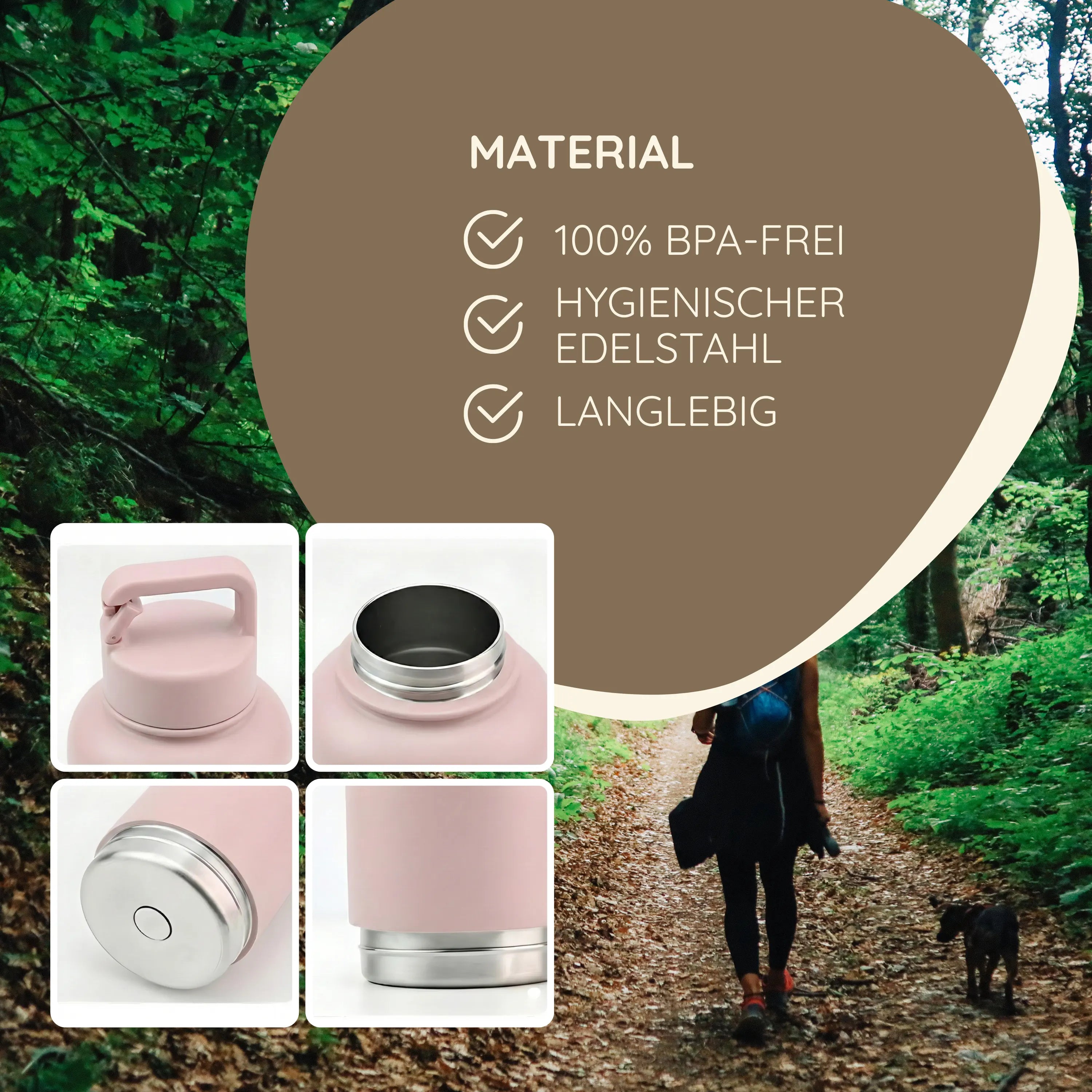 Das Bild zeigt die TATZIO Reiseflasche mit Trink- und Futternapf in Pink. Abgebildet sind Stichpunkte zum Material.