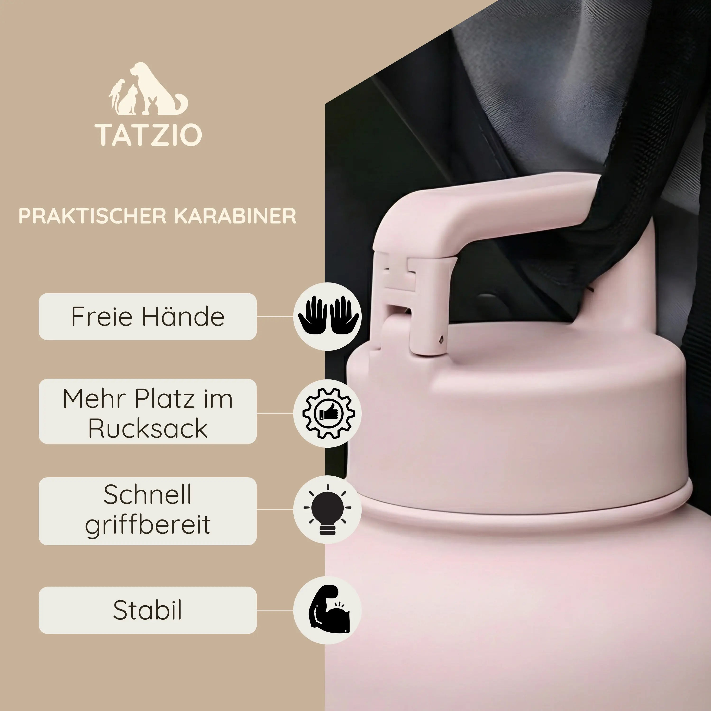 Das Bild zeigt die TATZIO Reiseflasche mit Trink- und Futternapf in Pink. Abgebildet ist der praktische Karabiner am Deckel der Flasche.