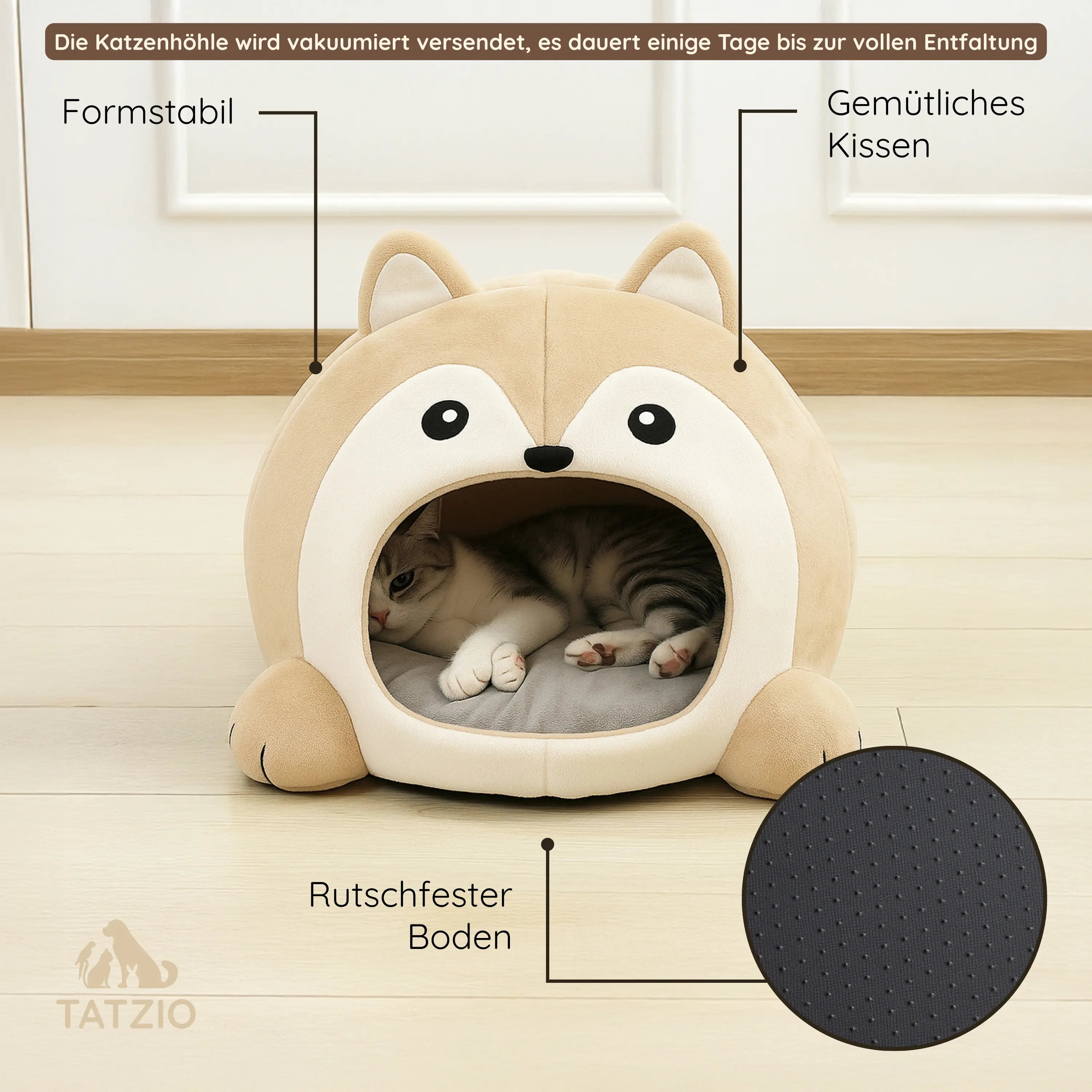 Das Bild zeigt die TATZIO Katzenhöhle Cozy in der Farbe Beige. Zudem wird eine Grafik mit den wichtigsten Produktinformationen angezeigt.