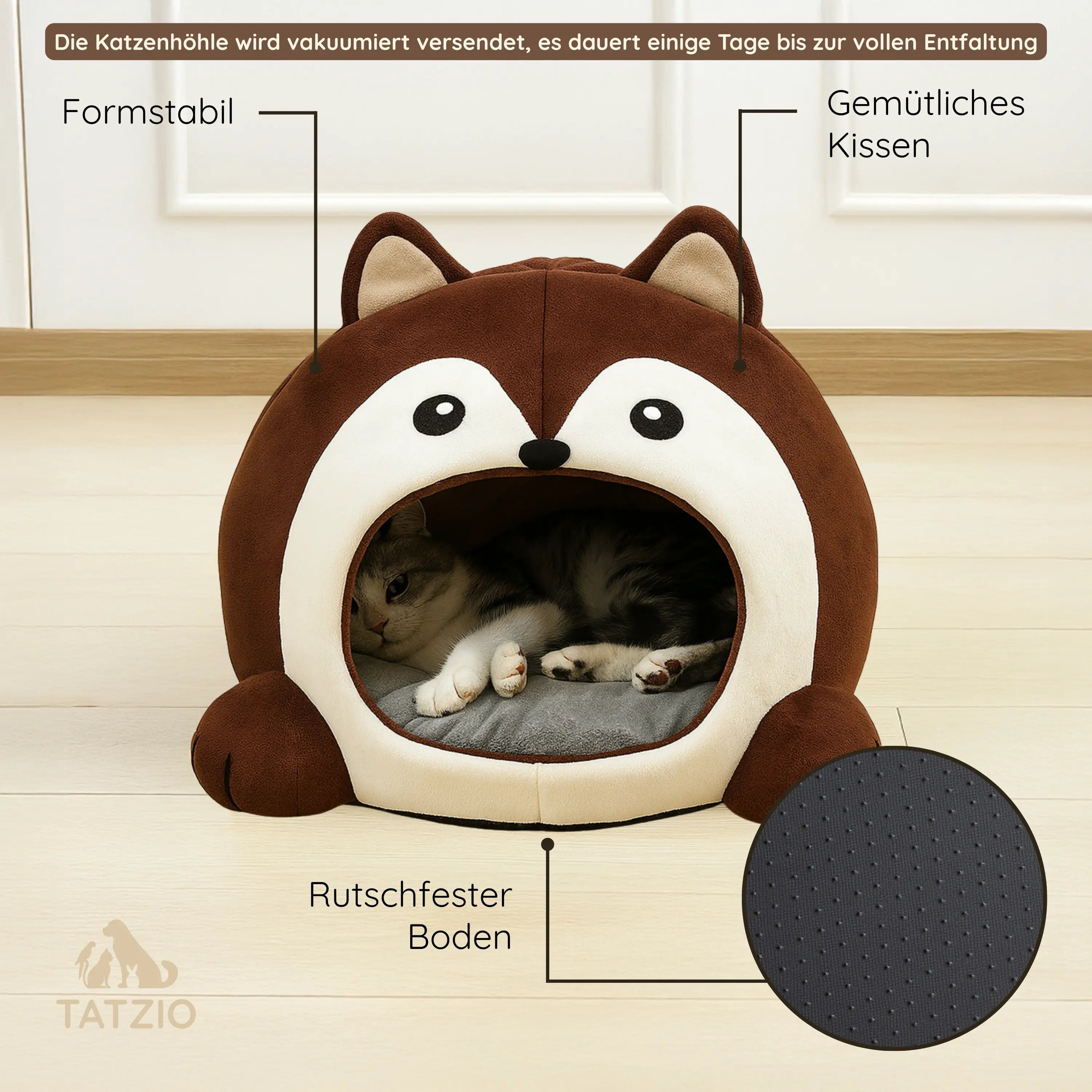 Das Bild zeigt die TATZIO Katzenhöhle Cozy in der Farbe Braun. Zudem wird eine Grafik mit den wichtigsten Produktinformationen angezeigt.
