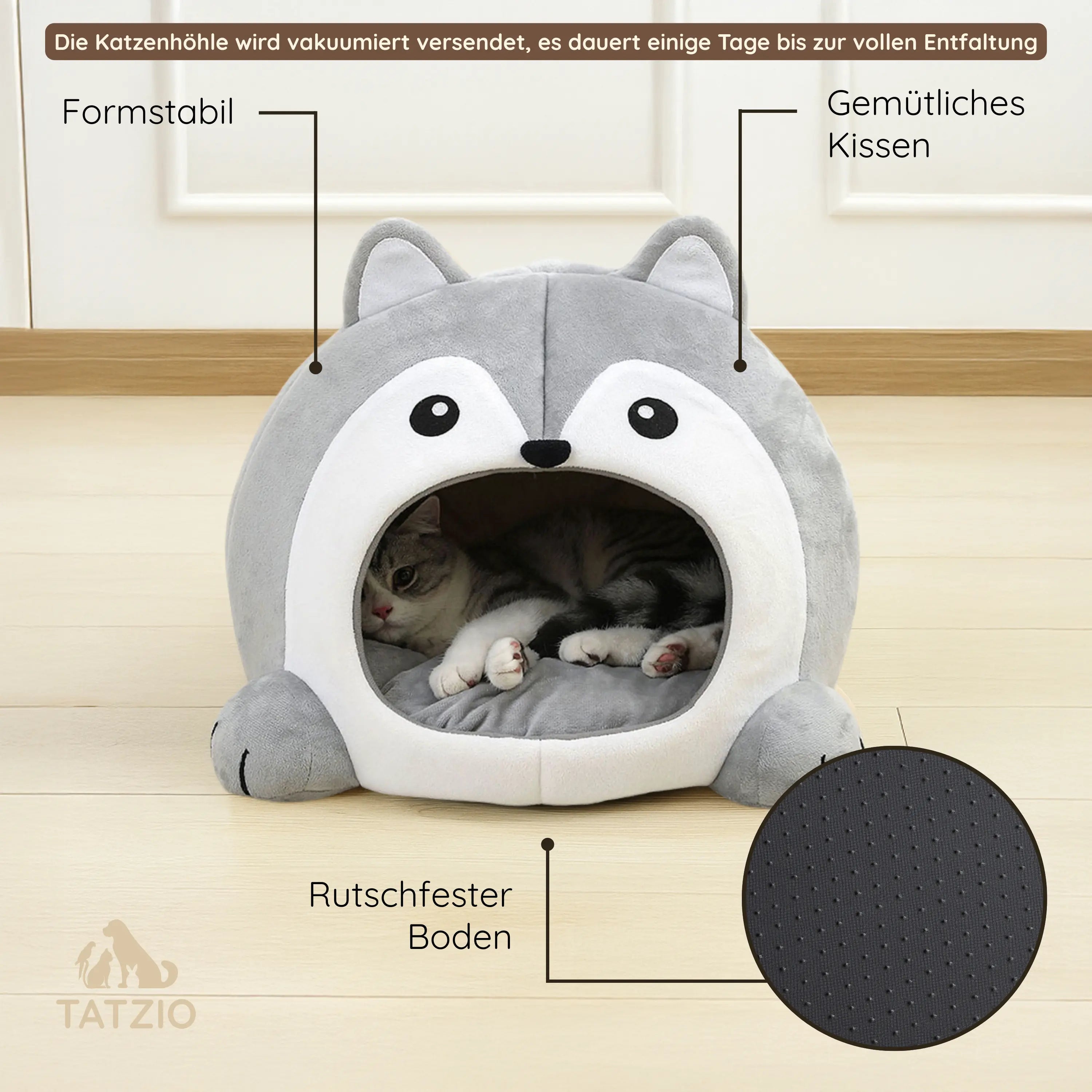 Das Bild zeigt die TATZIO Katzenhöhle Cozy in der Farbe Grau. Zudem wird eine Grafik mit den wichtigsten Produktinformationen angezeigt.