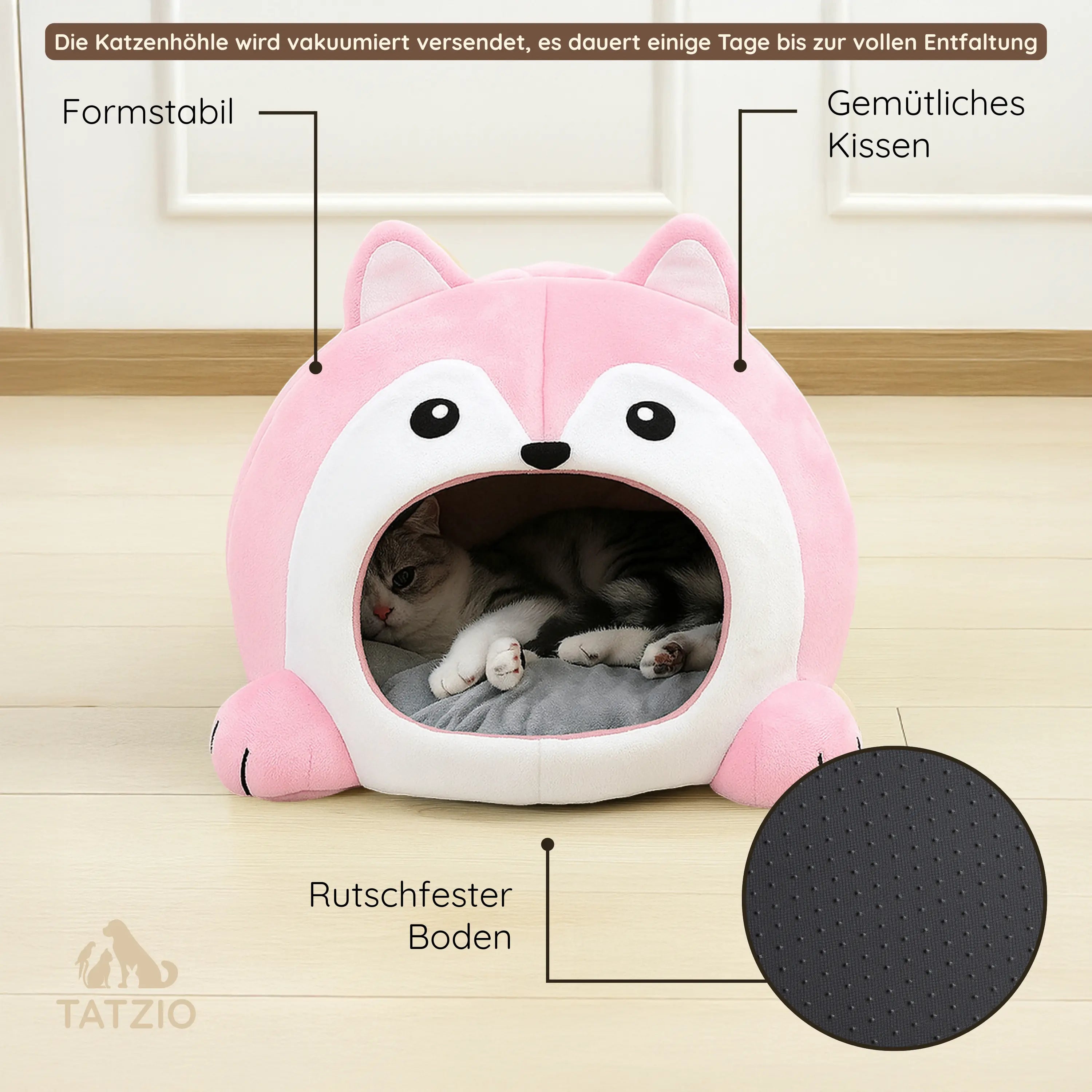 Das Bild zeigt die TATZIO Katzenhöhle Cozy in der Farbe Pink. Zudem wird eine Grafik mit den wichtigsten Produktinformationen angezeigt.
