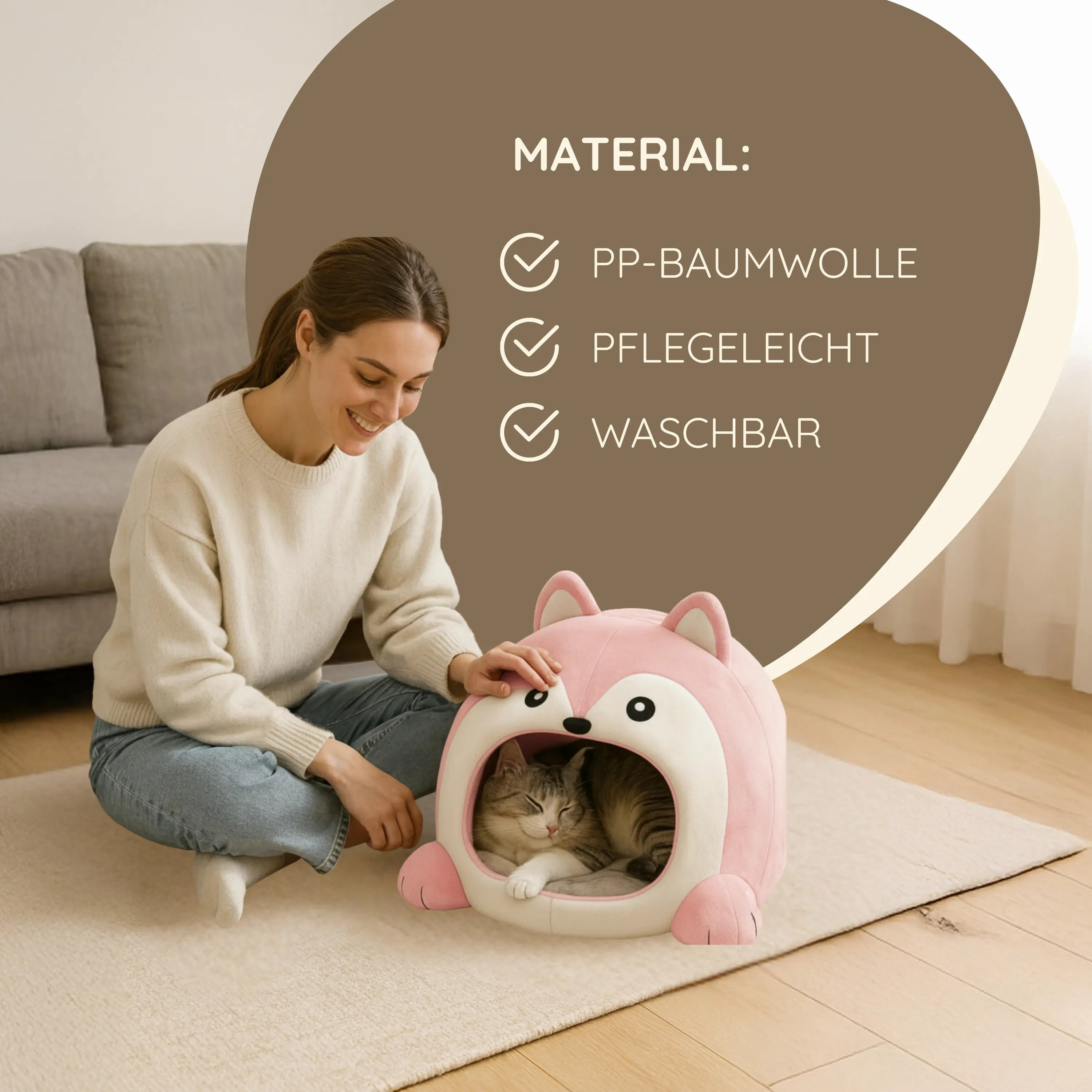 Das Bild zeigt die TATZIO Katzenhöhle Cozy in der Farbe Pink. In der Katzenhöhle liegt eine Katze, neben Ihr sitzt eine junge Frau. Zudem sieht man eine Infografik für das Material.