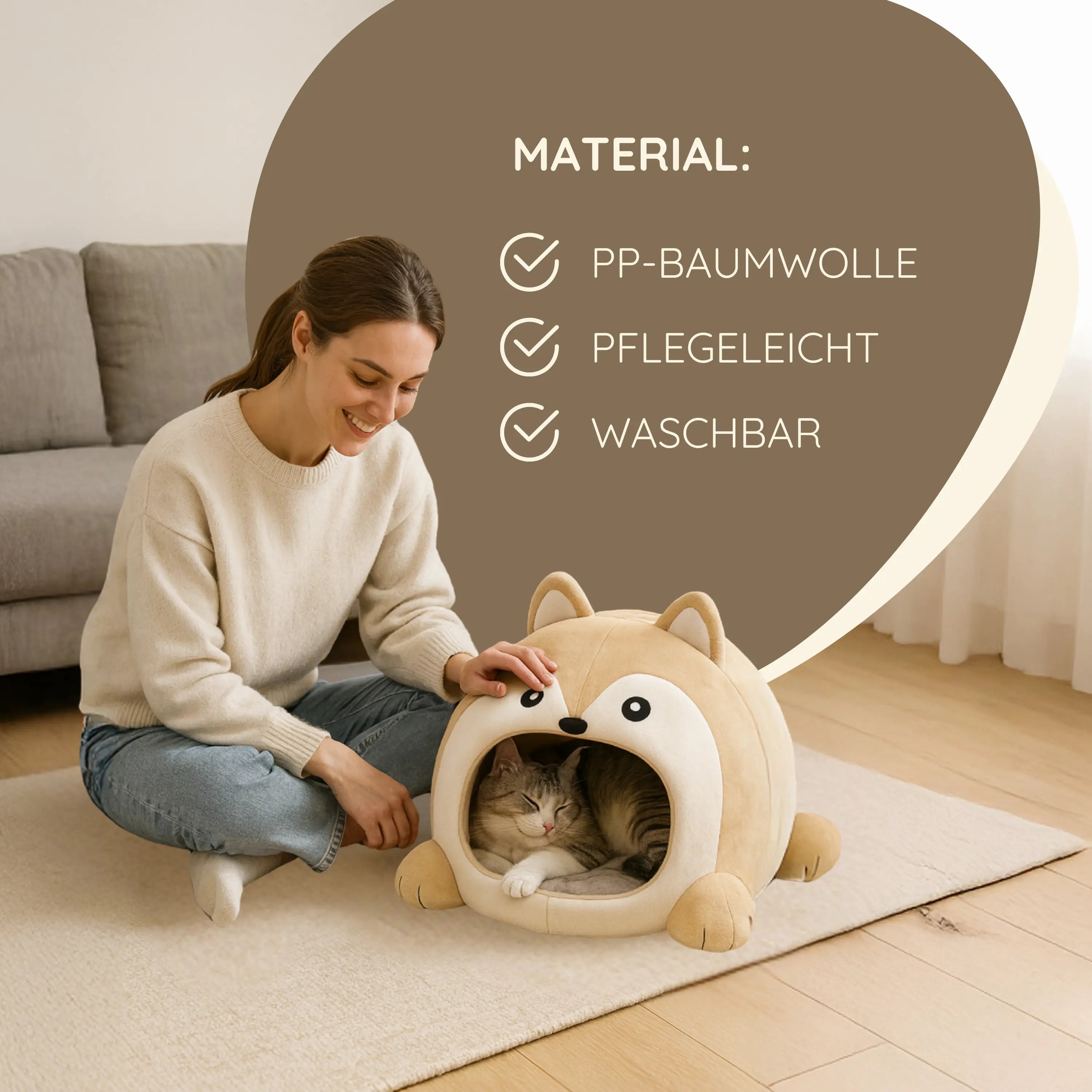 Das Bild zeigt die TATZIO Katzenhöhle Cozy in der Farbe Beige. In der Katzenhöhle liegt eine Katze, neben Ihr sitzt eine junge Frau. Zudem sieht man eine Infografik für das Material.