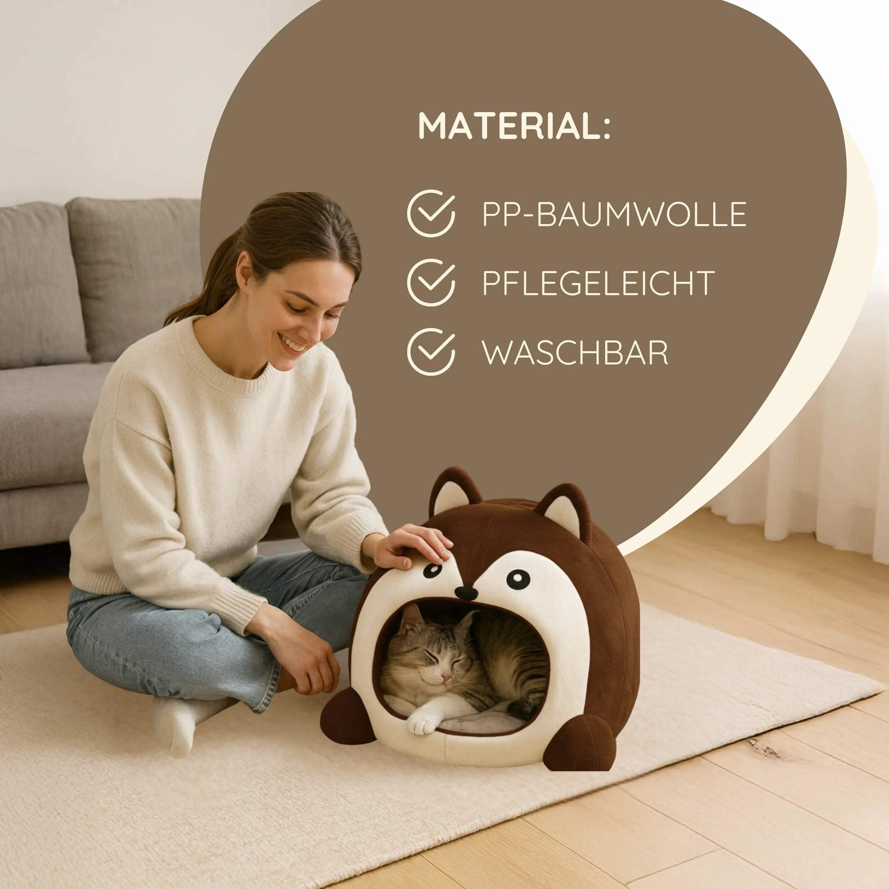 Das Bild zeigt die TATZIO Katzenhöhle Cozy in der Farbe Braun. In der Katzenhöhle liegt eine Katze, neben Ihr sitzt eine junge Frau. Zudem sieht man eine Infografik für das Material.