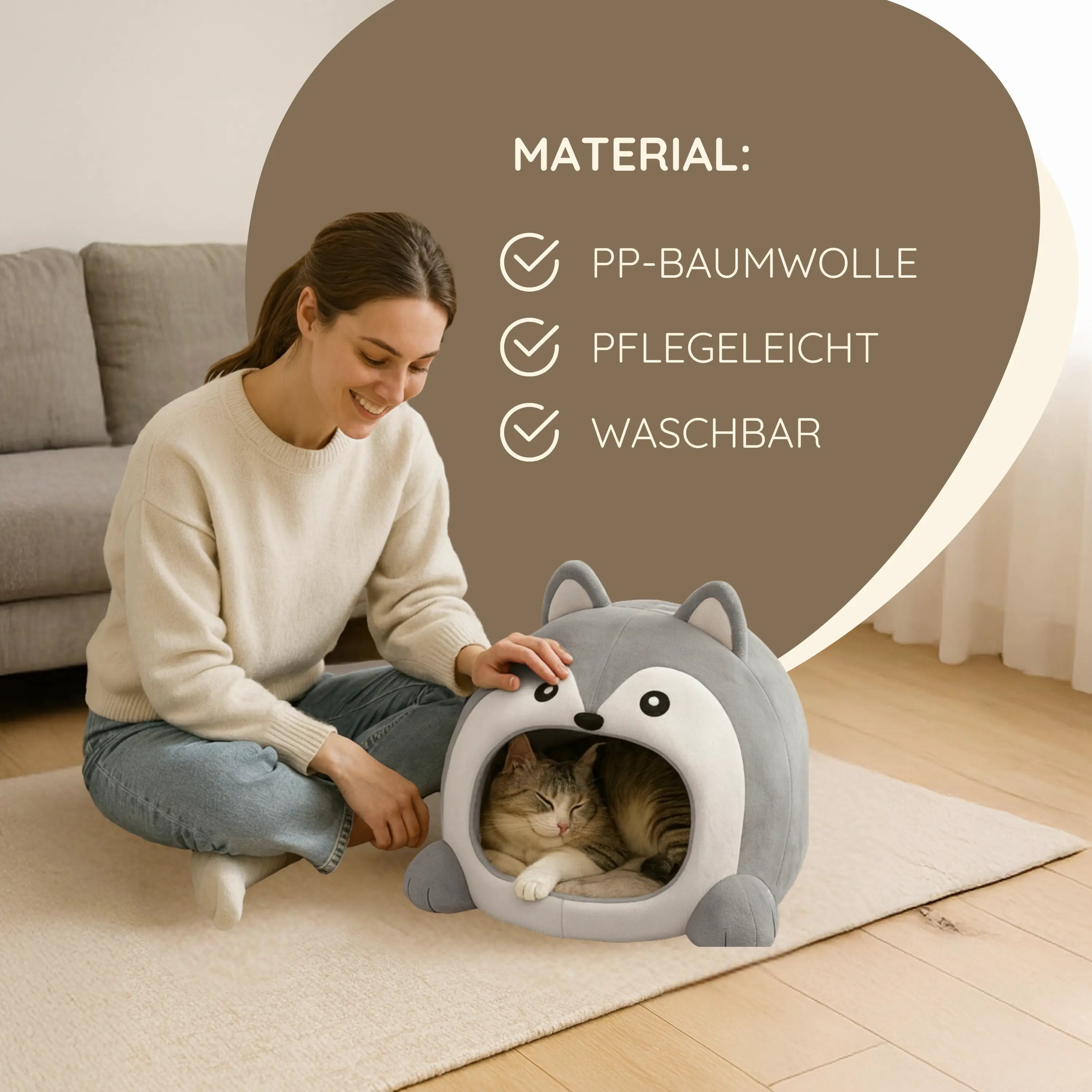 Das Bild zeigt die TATZIO Katzenhöhle Cozy in der Farbe Grau. In der Katzenhöhle liegt eine Katze, neben Ihr sitzt eine junge Frau. Zudem sieht man eine Infografik für das Material.