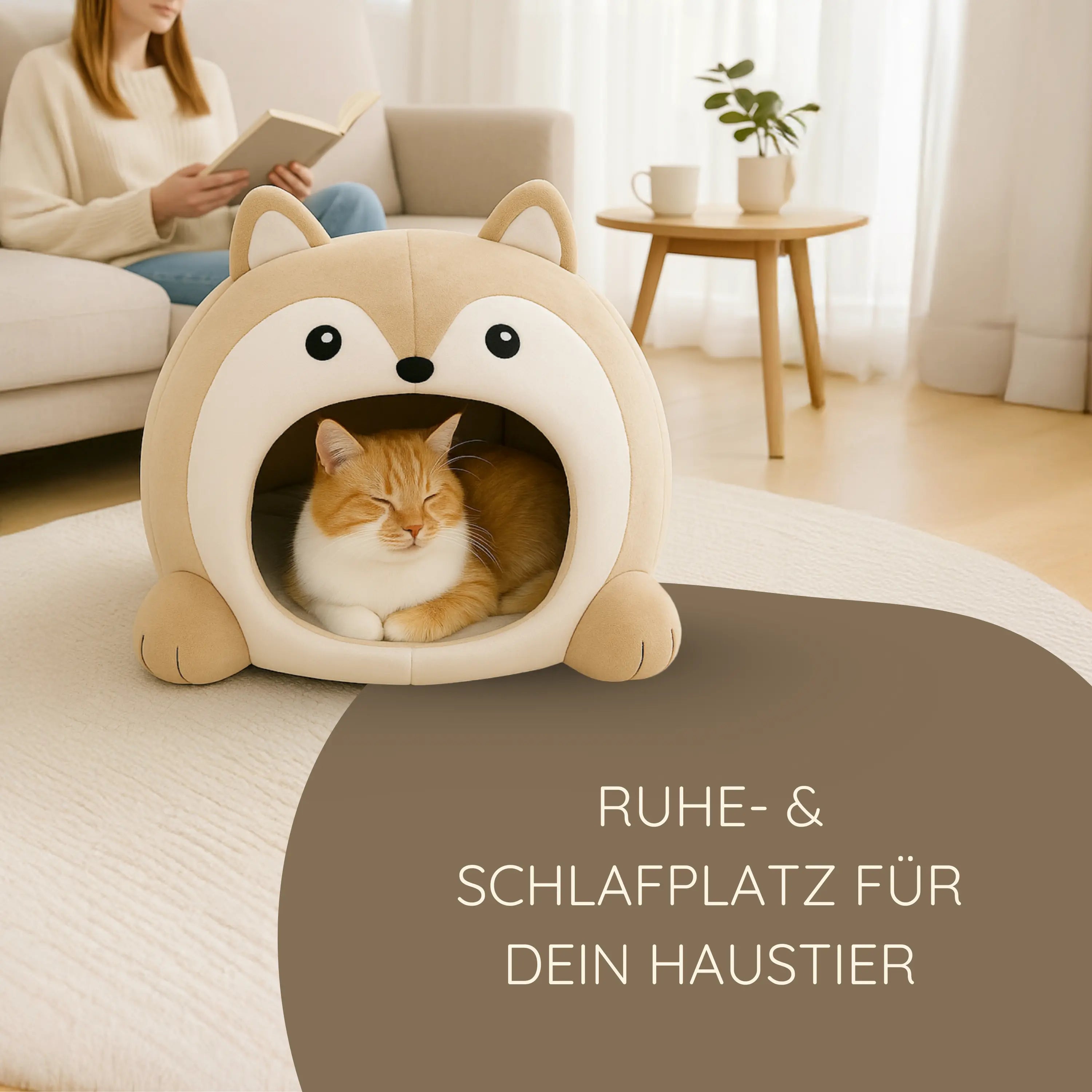 Das Bild zeigt die TATZIO Katzenhöhle Cozy in der Farbe Beige. In der Katzenhöhle liegt eine Katze und genießt den Ruheplatz.