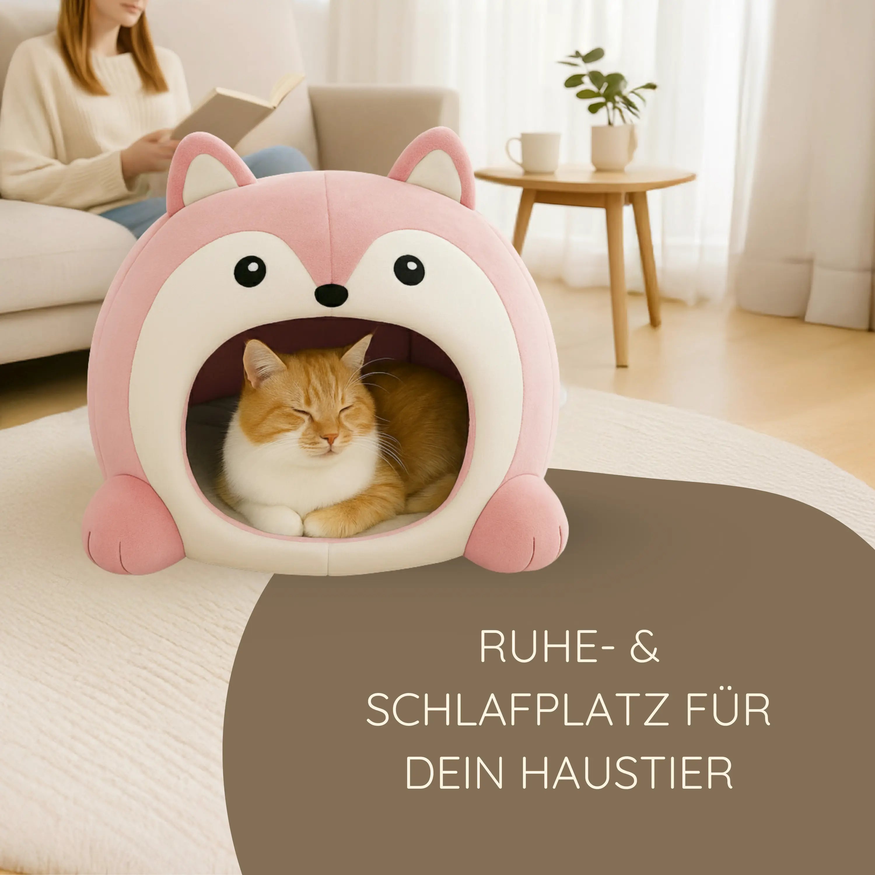 Das Bild zeigt die TATZIO Katzenhöhle Cozy in der Farbe Pink. In der Katzenhöhle liegt eine Katze und genießt den Ruheplatz.