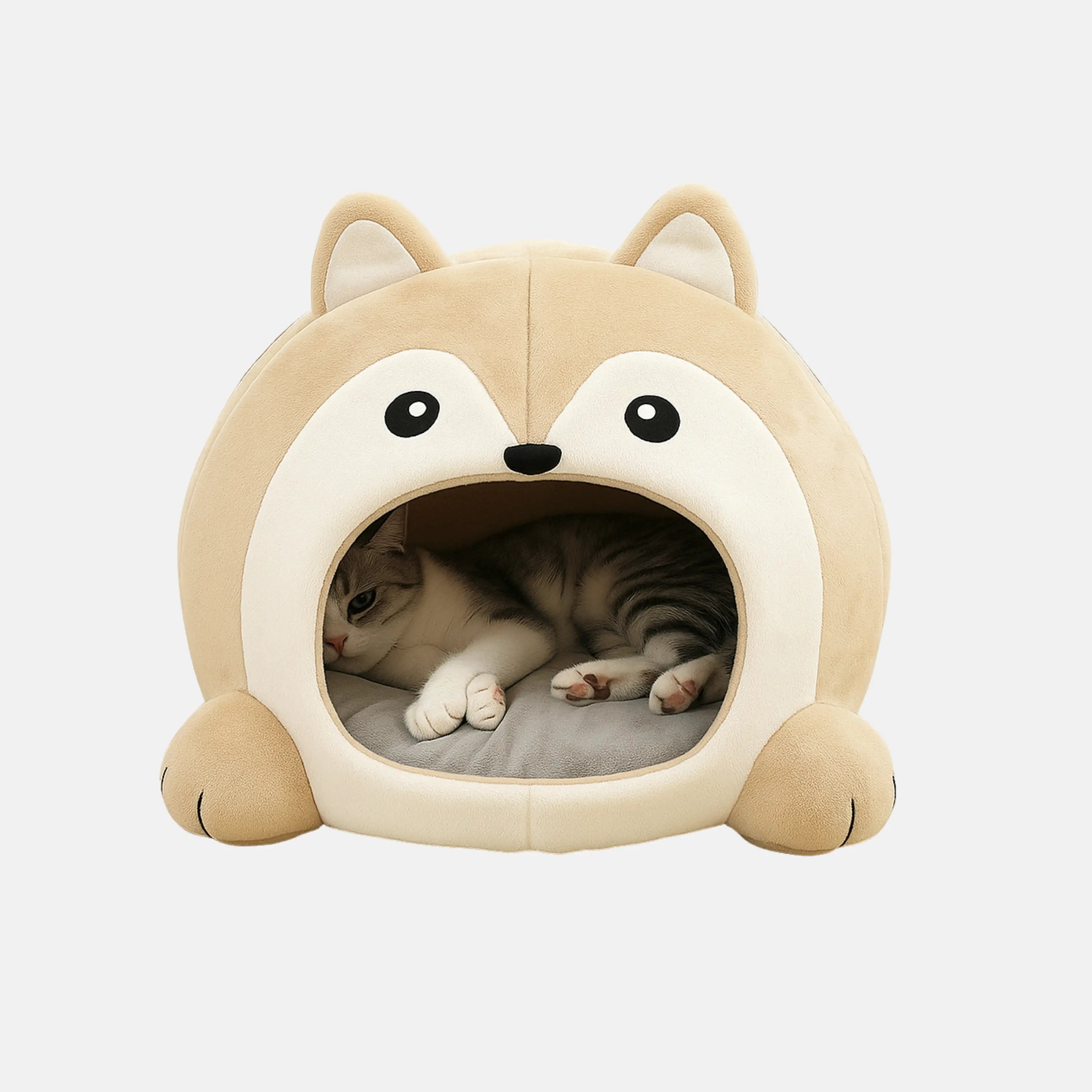 Das Bild zeigt die TATZIO Katzenhöhle Cozy in der Farbe Beige. Die Katzenhöhle ist geeignet für Katzen und kleine Hunde. 