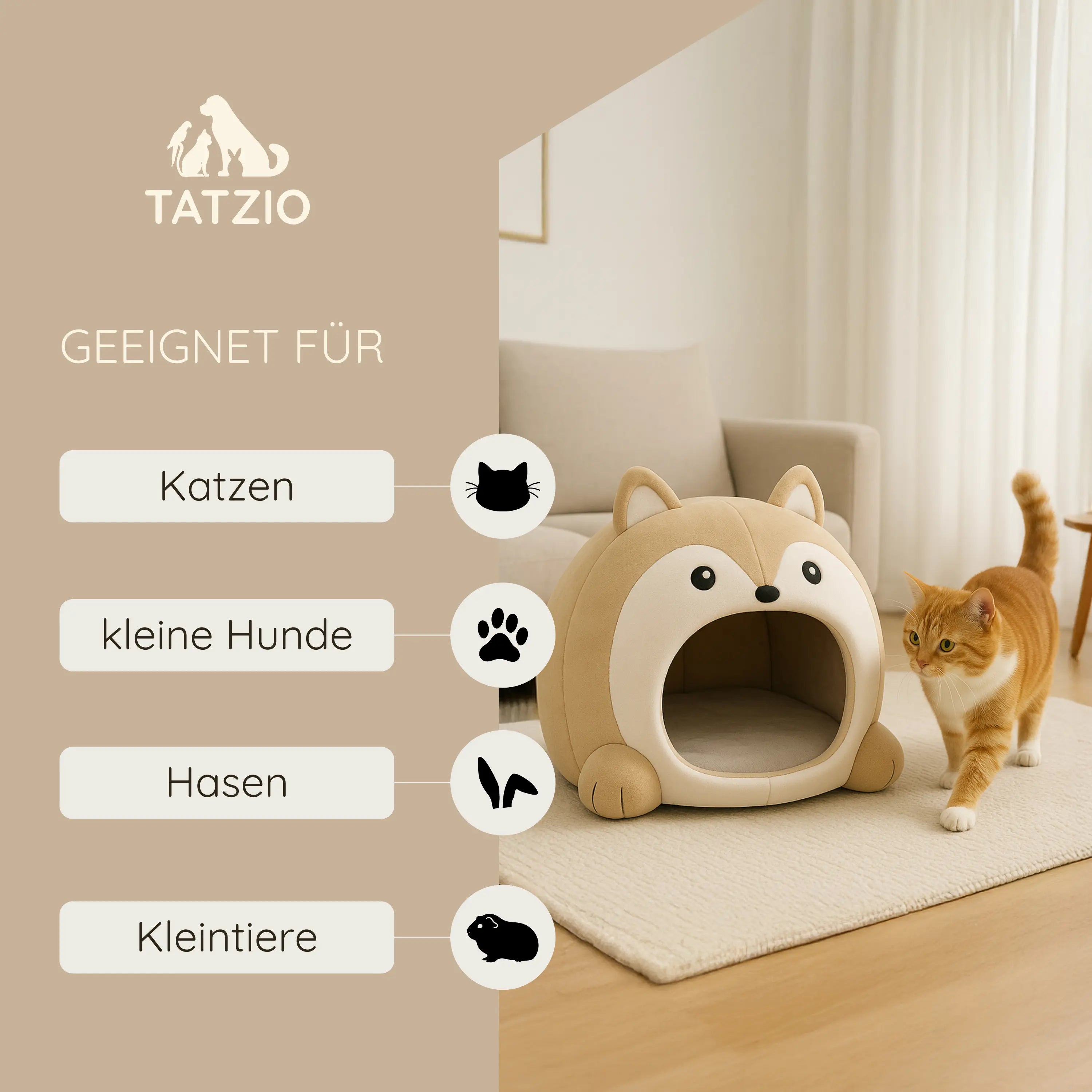 Das Bild zeigt die TATZIO Katzenhöhle Cozy in der Farbe Beige. Auf dem Bild wird zudem eine Grafik angezeigt, für welche Tiere die Höhle geeignet ist.
