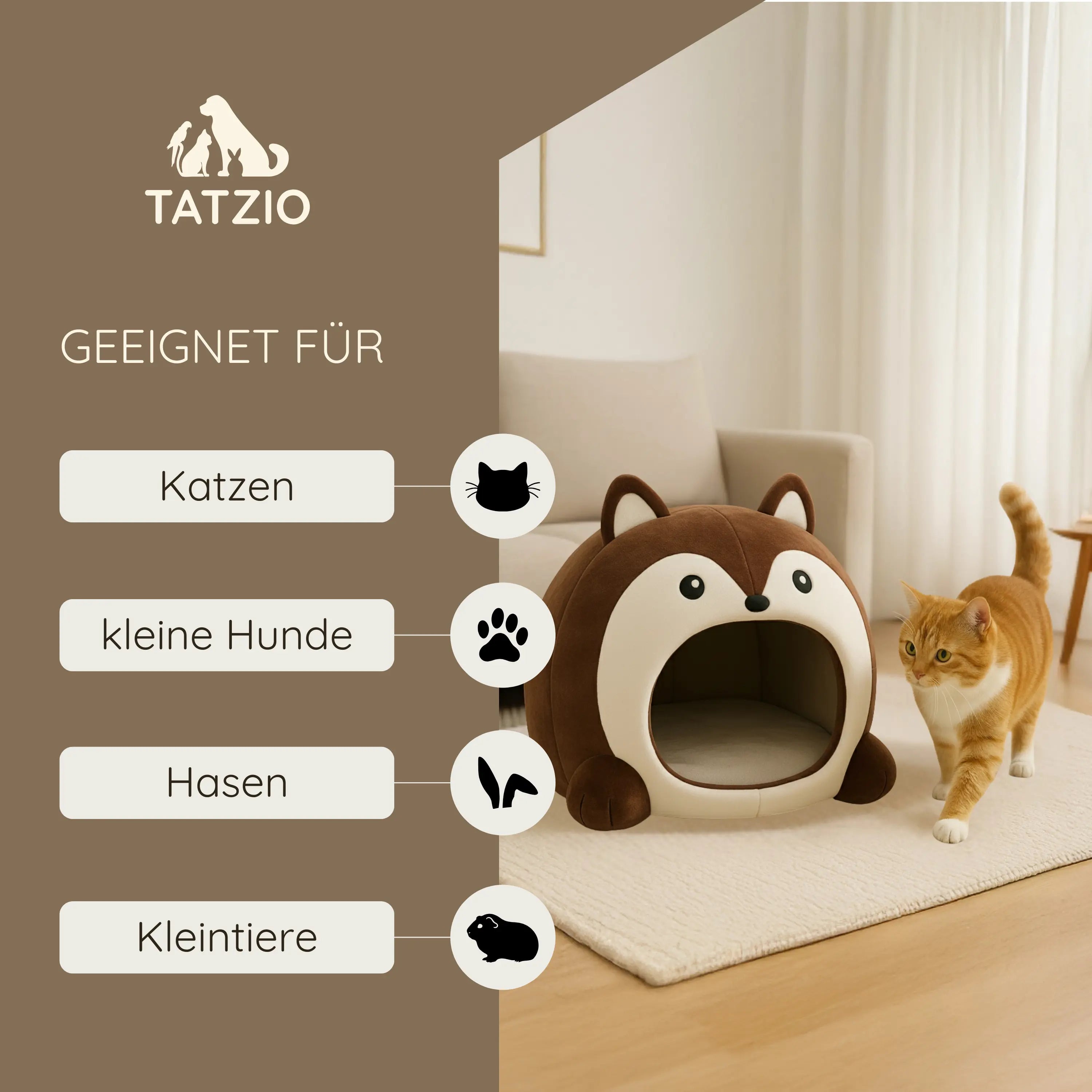 Das Bild zeigt die TATZIO Katzenhöhle Cozy in der Farbe Braun. Auf dem Bild wird zudem eine Grafik angezeigt, für welche Tiere die Höhle geeignet ist.