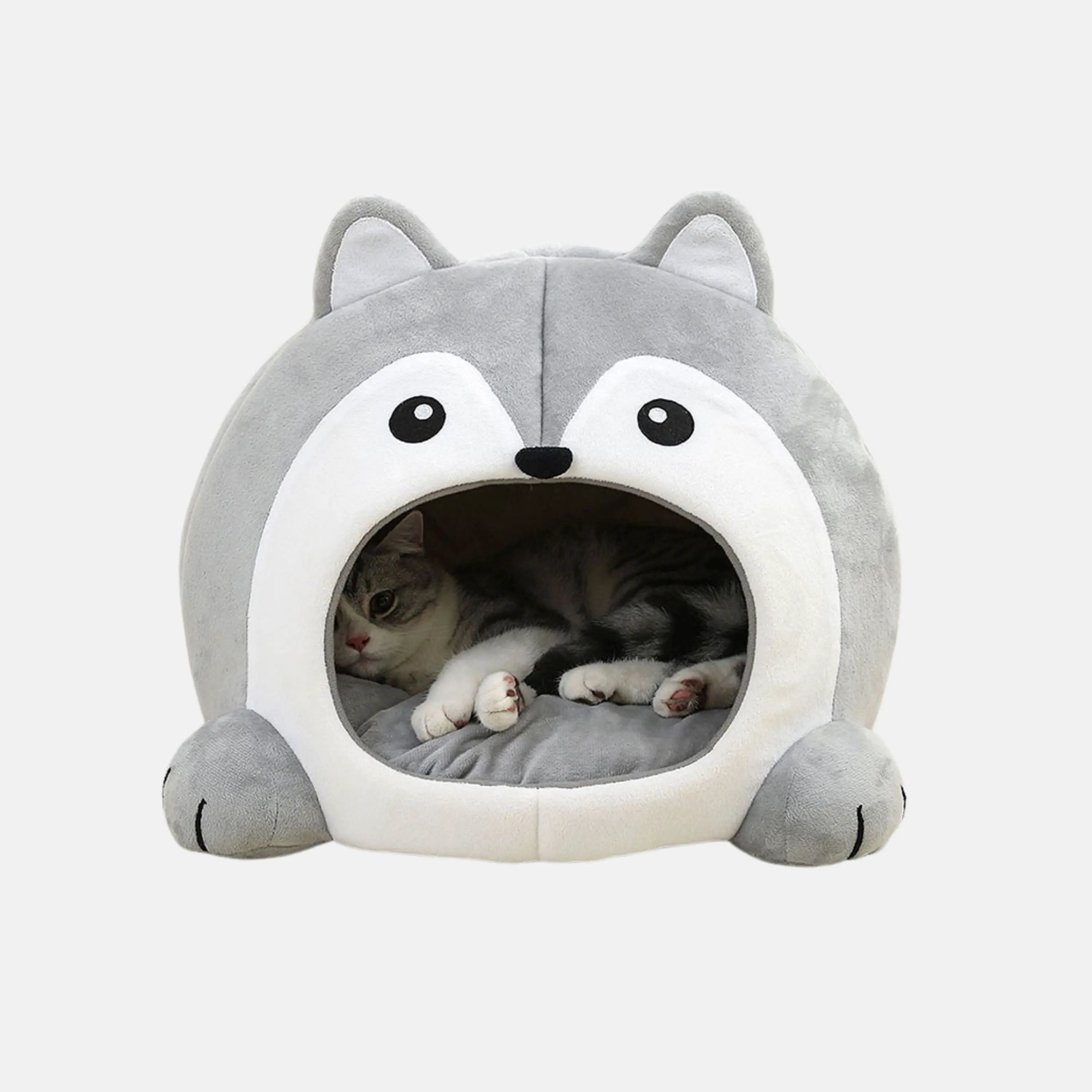 Das Bild zeigt die TATZIO Katzenhöhle Cozy in der Farbe Grau. Die Katzenhöhle ist geeignet für Katzen und kleine Hunde. 