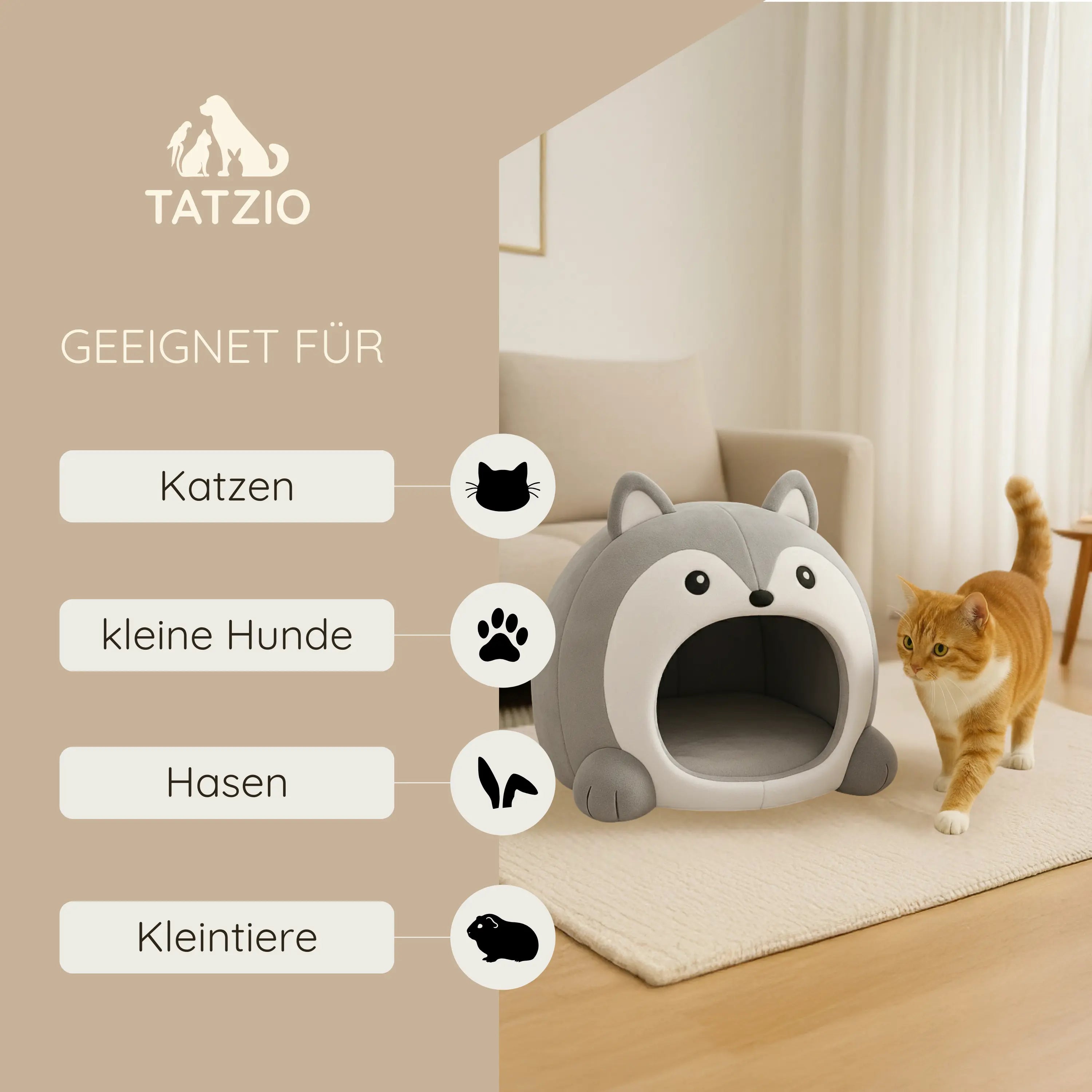 Das Bild zeigt die TATZIO Katzenhöhle Cozy in der Farbe Grau. Auf dem Bild wird zudem eine Grafik angezeigt, für welche Tiere die Höhle geeignet ist.