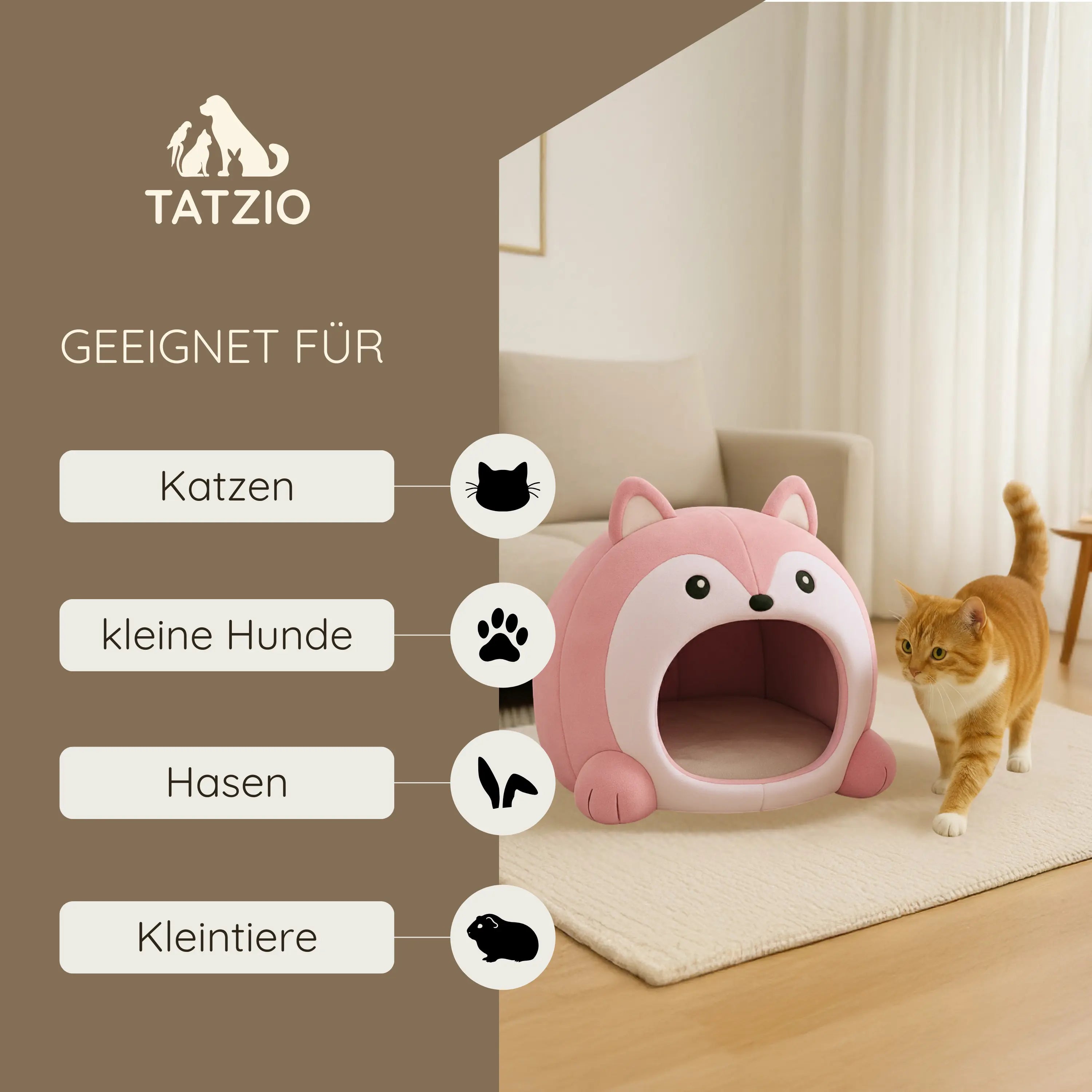 Das Bild zeigt die TATZIO Katzenhöhle Cozy in der Farbe Pink. Auf dem Bild wird zudem eine Grafik angezeigt, für welche Tiere die Höhle geeignet ist.