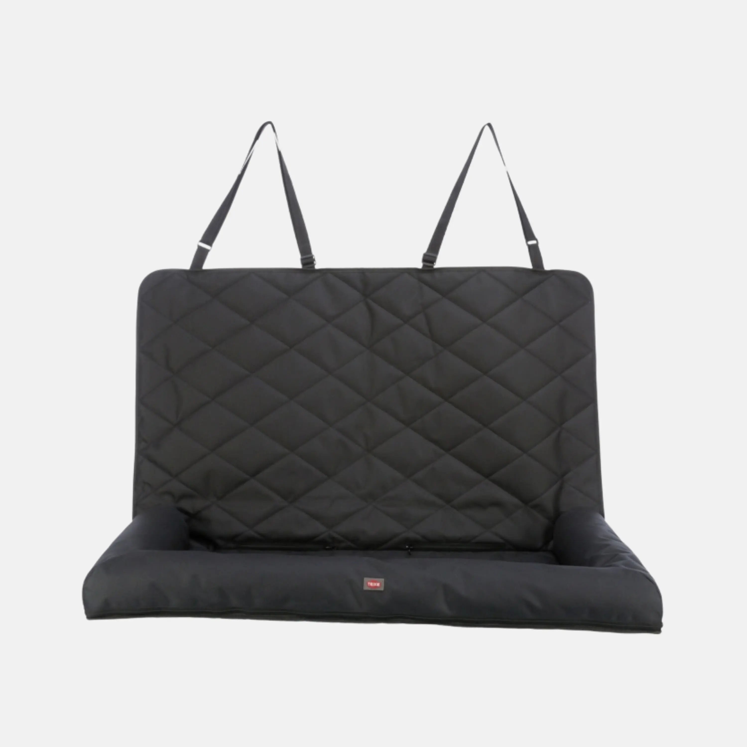 Das Bild zeigt die Trixie Autositz Auflage in der Farbe Schwarz aus der Frontansicht. Die Autositz Auflage bietet platzt für 2 Hunde. 