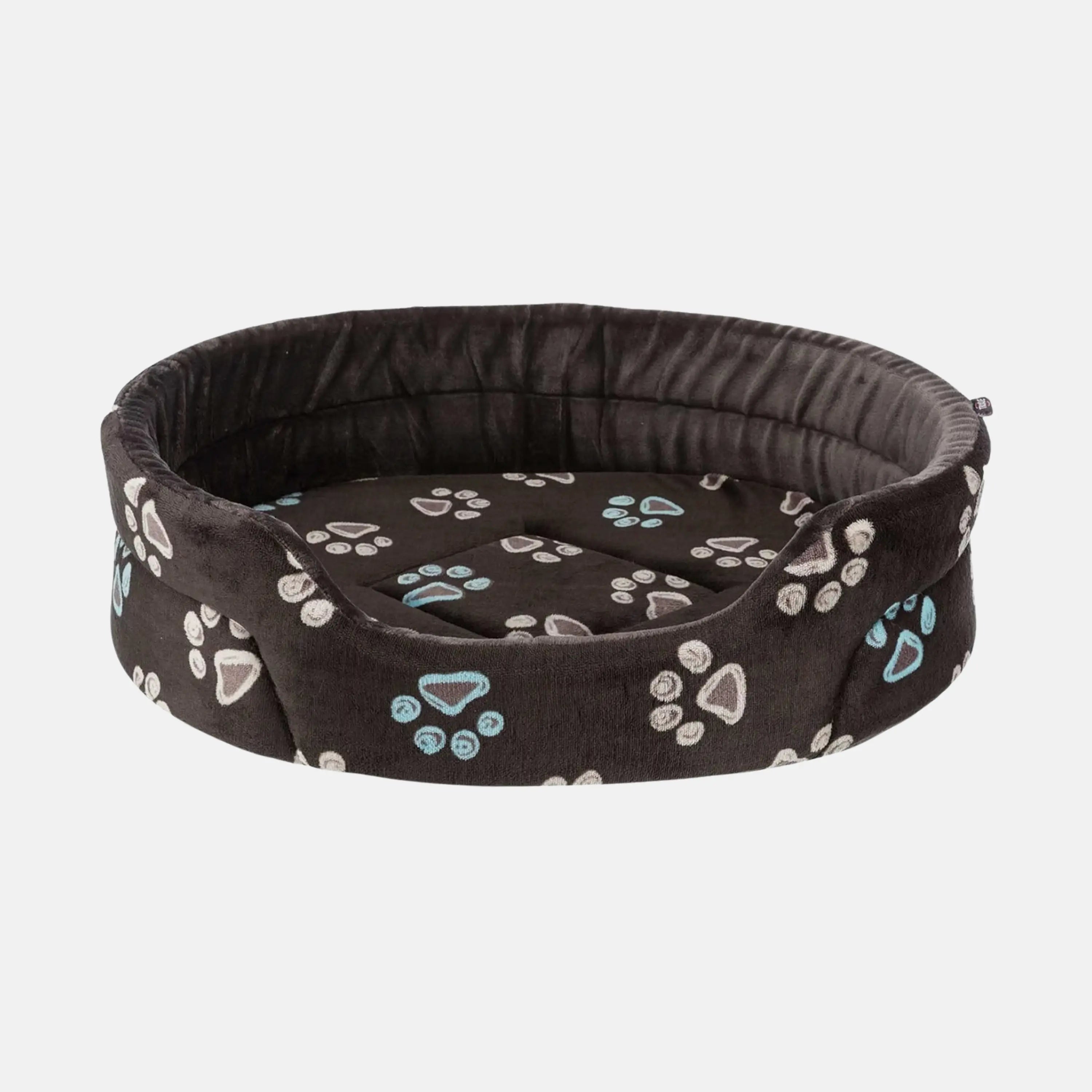 Das Bild zeigt das Trixie Bett Jimmy in der Farbe Taupe aus der Frontansicht. Es eignet sich für Hunde und Katzen. Als Muster sind farbige Tatzen auf dem Bett platziert wurden.