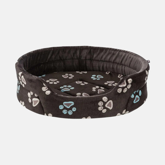 Das Bild zeigt das Trixie Bett Jimmy in der Farbe Taupe aus der Frontansicht. Es eignet sich für Hunde und Katzen. Als Muster sind farbige Tatzen auf dem Bett platziert wurden.