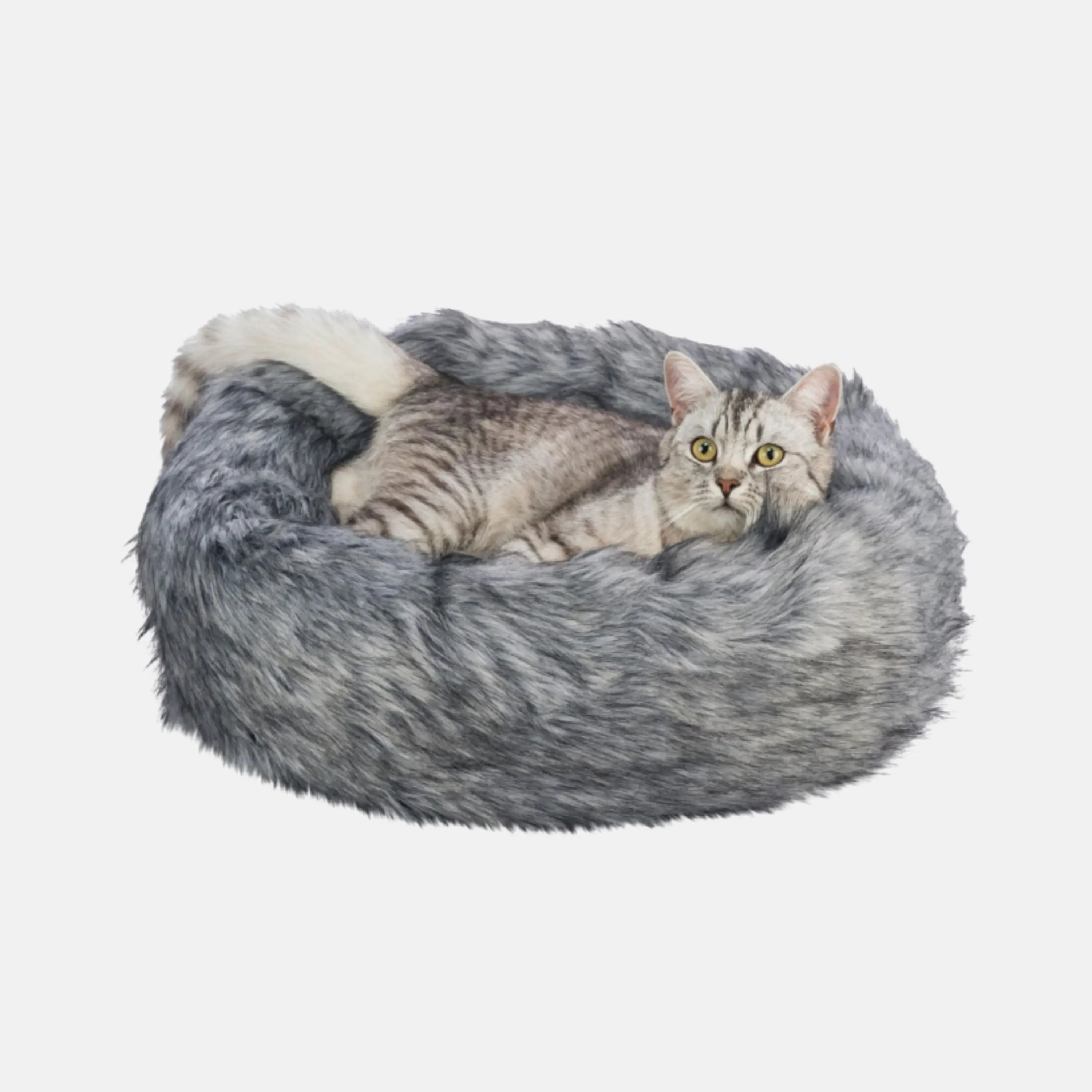 Das Bild zeigt das Trixie Bett Yelina in der Farbe Schwarz/Grau aus der Frontansicht. Auf dem Bett liegt eine weiße Katze.