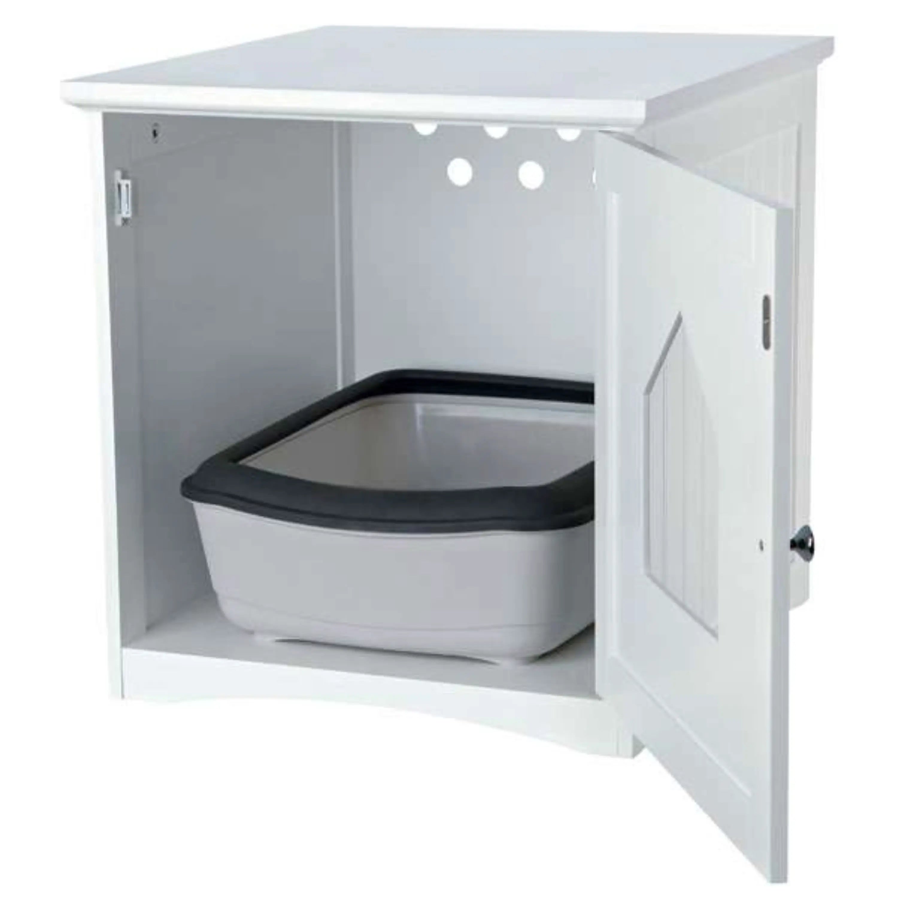 Das Bild zeigt das Trixie Katzenhaus z.B. für Toiletten in der Farbe Weiß. In dem geöffneten Katzenhaus befindet sich eine Weiß/Schwarze Katzentoilette.