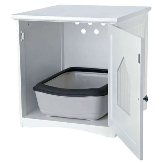 Das Bild zeigt das Trixie Katzenhaus z.B. für Toiletten in der Farbe Weiß. In dem geöffneten Katzenhaus befindet sich eine Weiß/Schwarze Katzentoilette.
